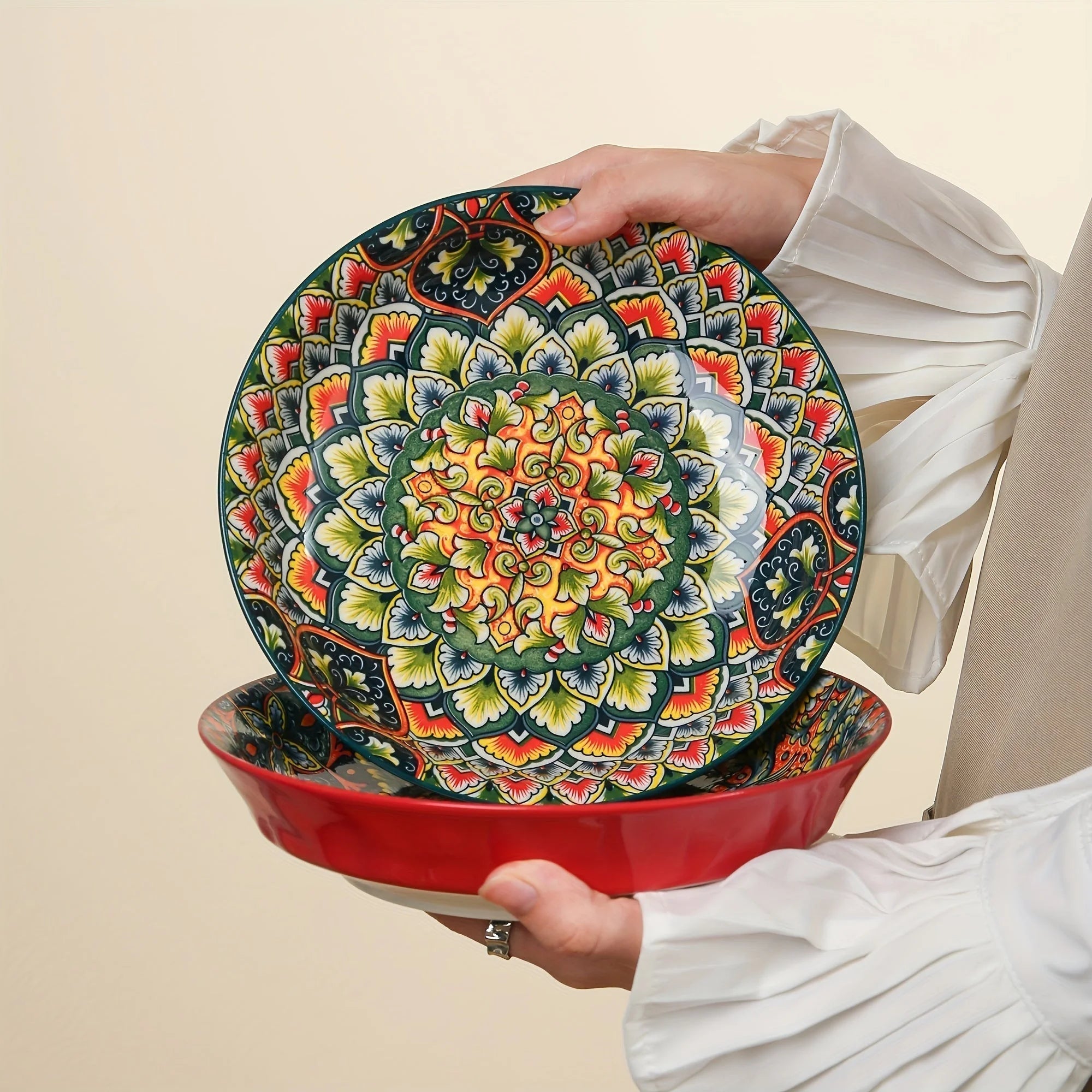 Bohemian Ceramic Dinner Plates Flower Design Microwave Safe LUNESCAPE