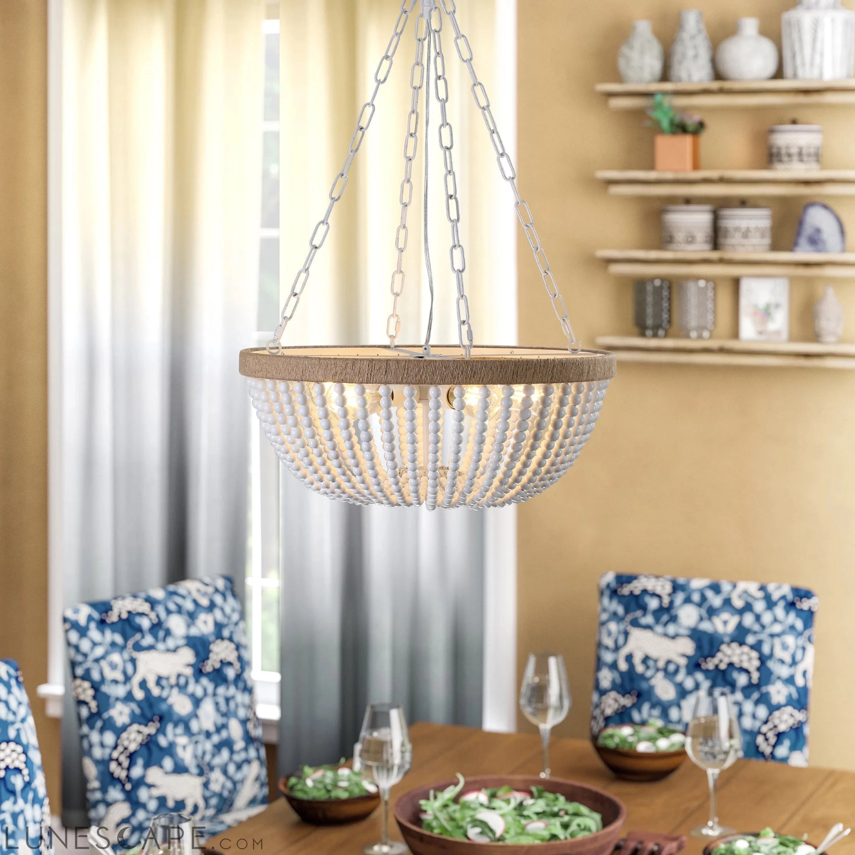 Bohemian style Wood Beaded Chandelier Oak White LUNESCAPE