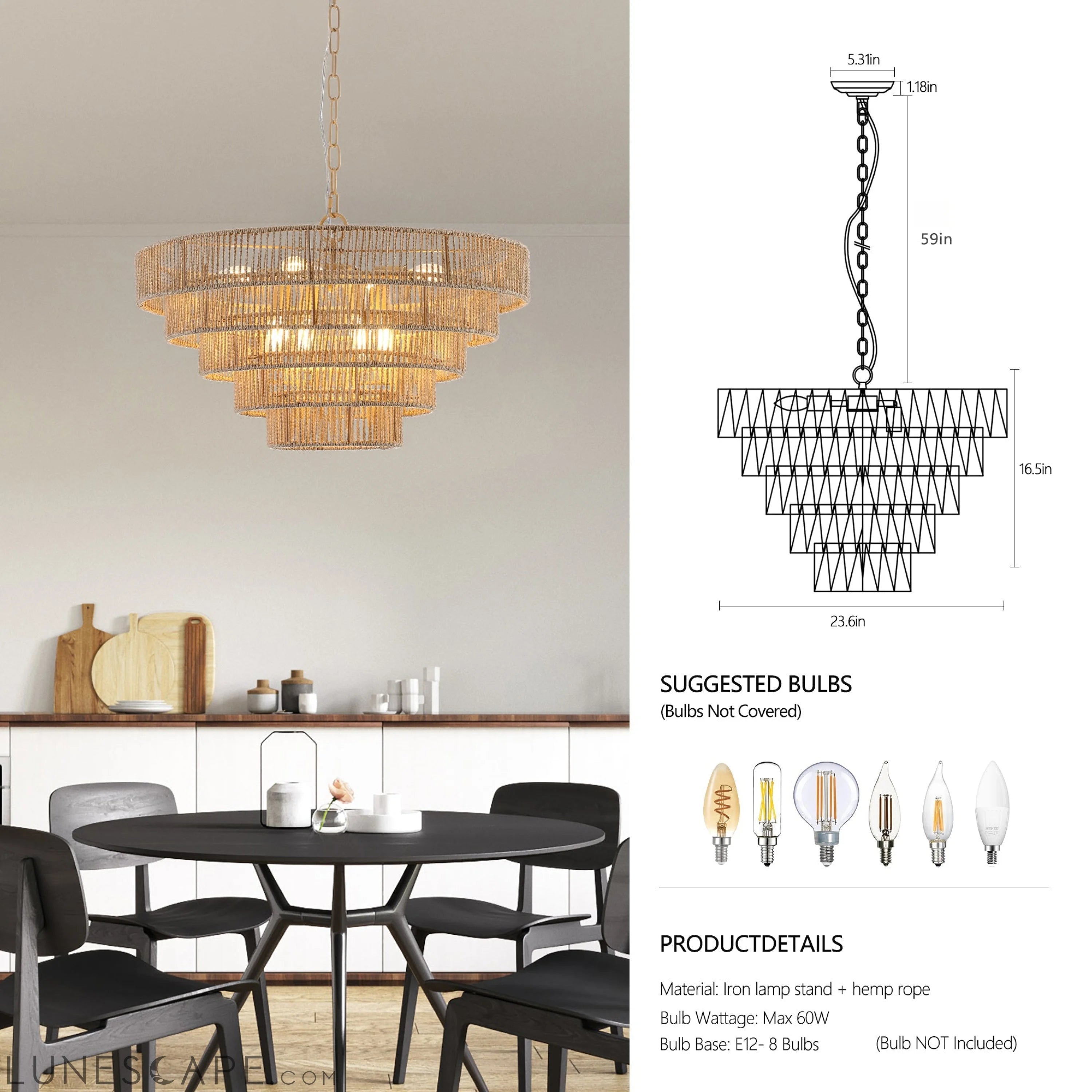 Bohemian style Woven Pendant Light 23.6 Inch Rattan Ligh Large Rattan LUNESCAPE