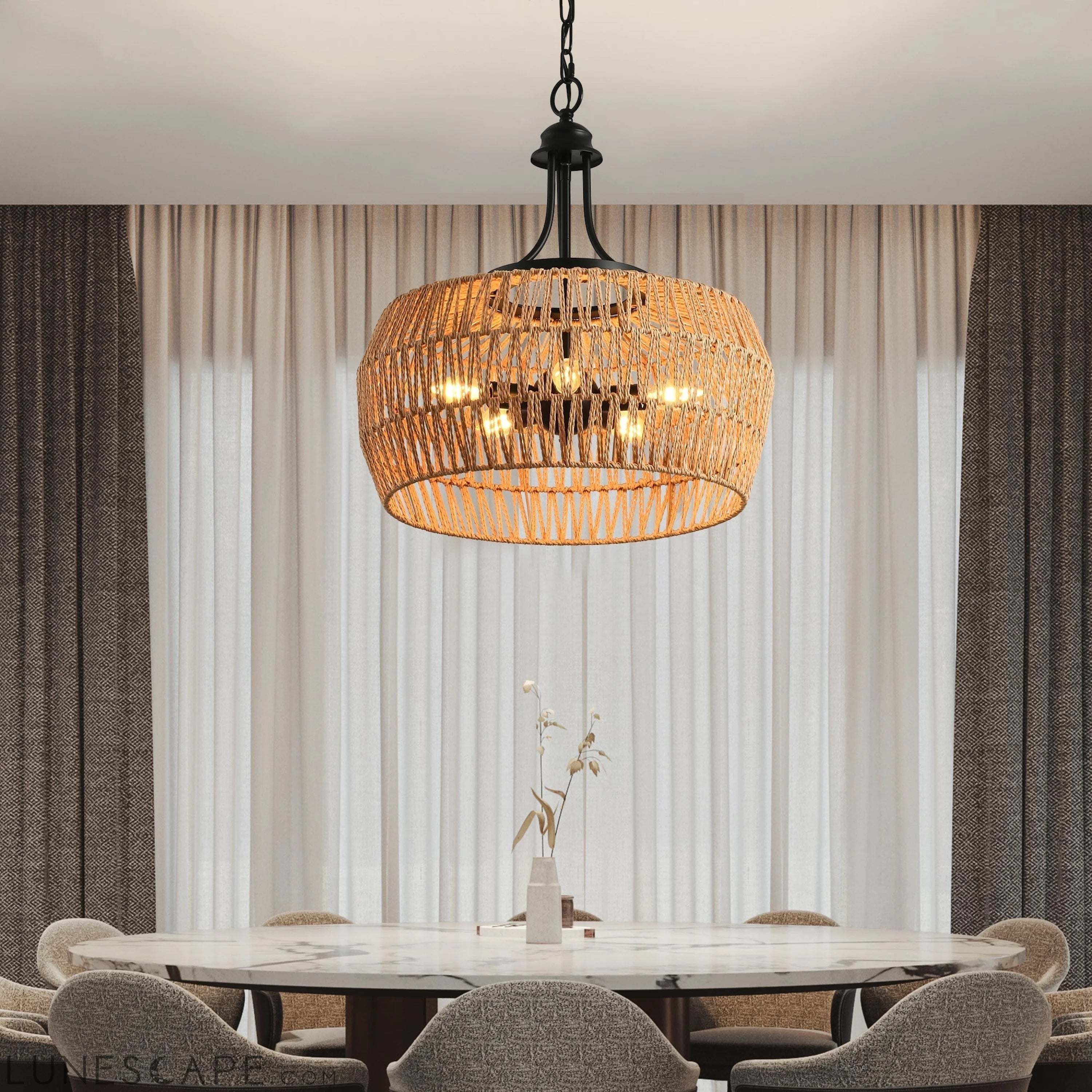 Boho Hemp Rope Pendant Light, Hand-Woven Jute Hanging Pendant LUNESCAPE