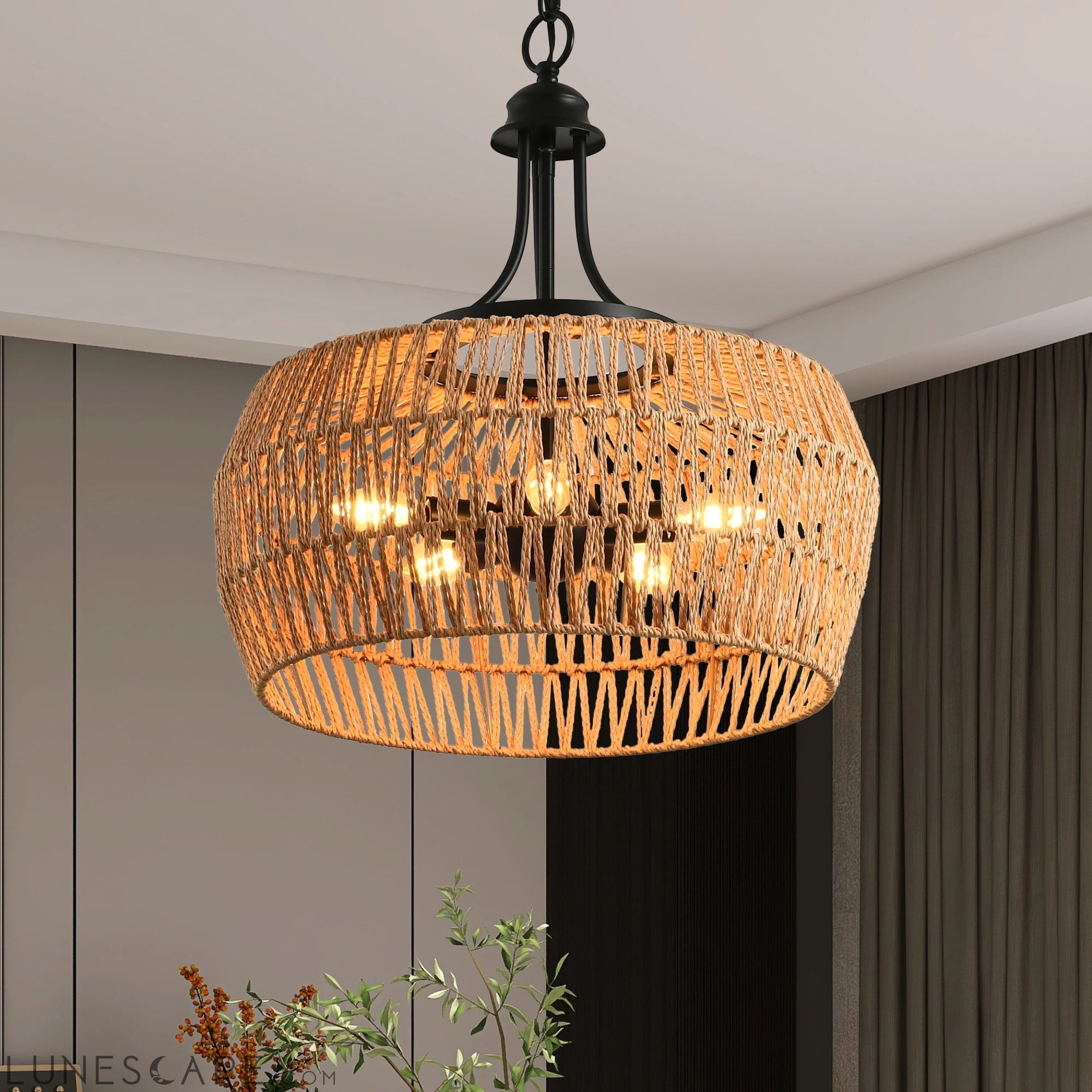 Boho Hemp Rope Pendant Light, Hand-Woven Jute Hanging Pendant LUNESCAPE