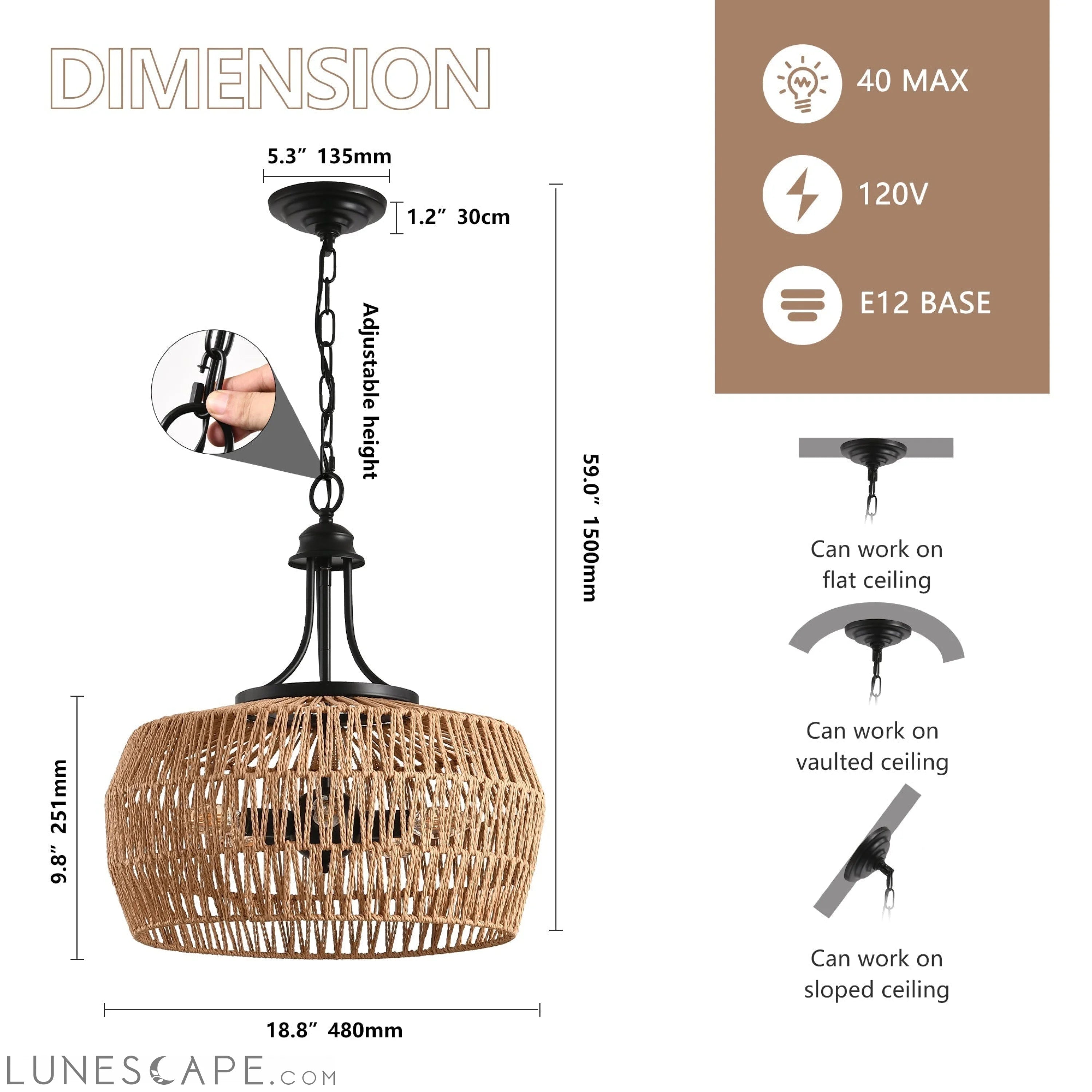 Boho Hemp Rope Pendant Light, Hand-Woven Jute Hanging Pendant LUNESCAPE