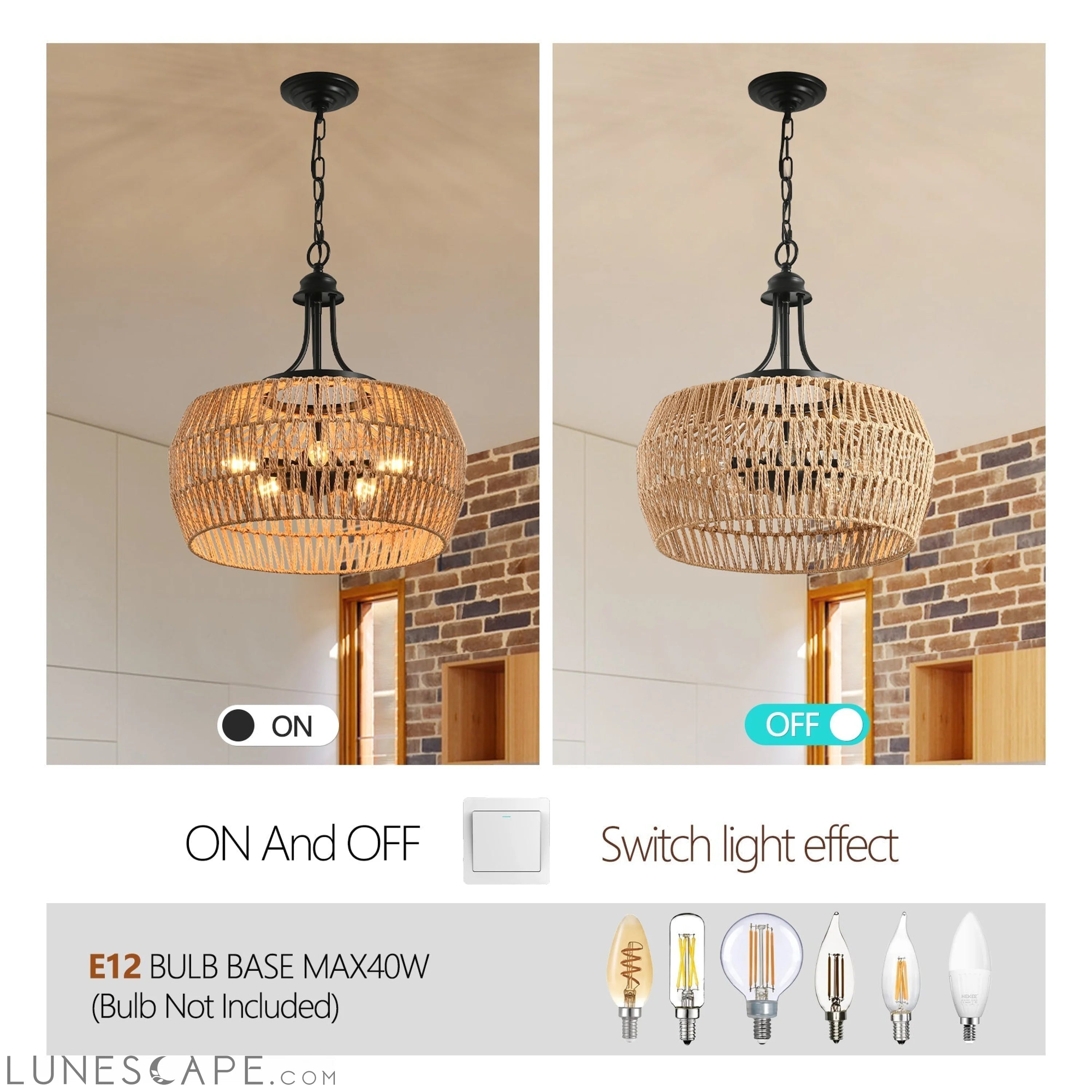 Boho Hemp Rope Pendant Light, Hand-Woven Jute Hanging Pendant LUNESCAPE