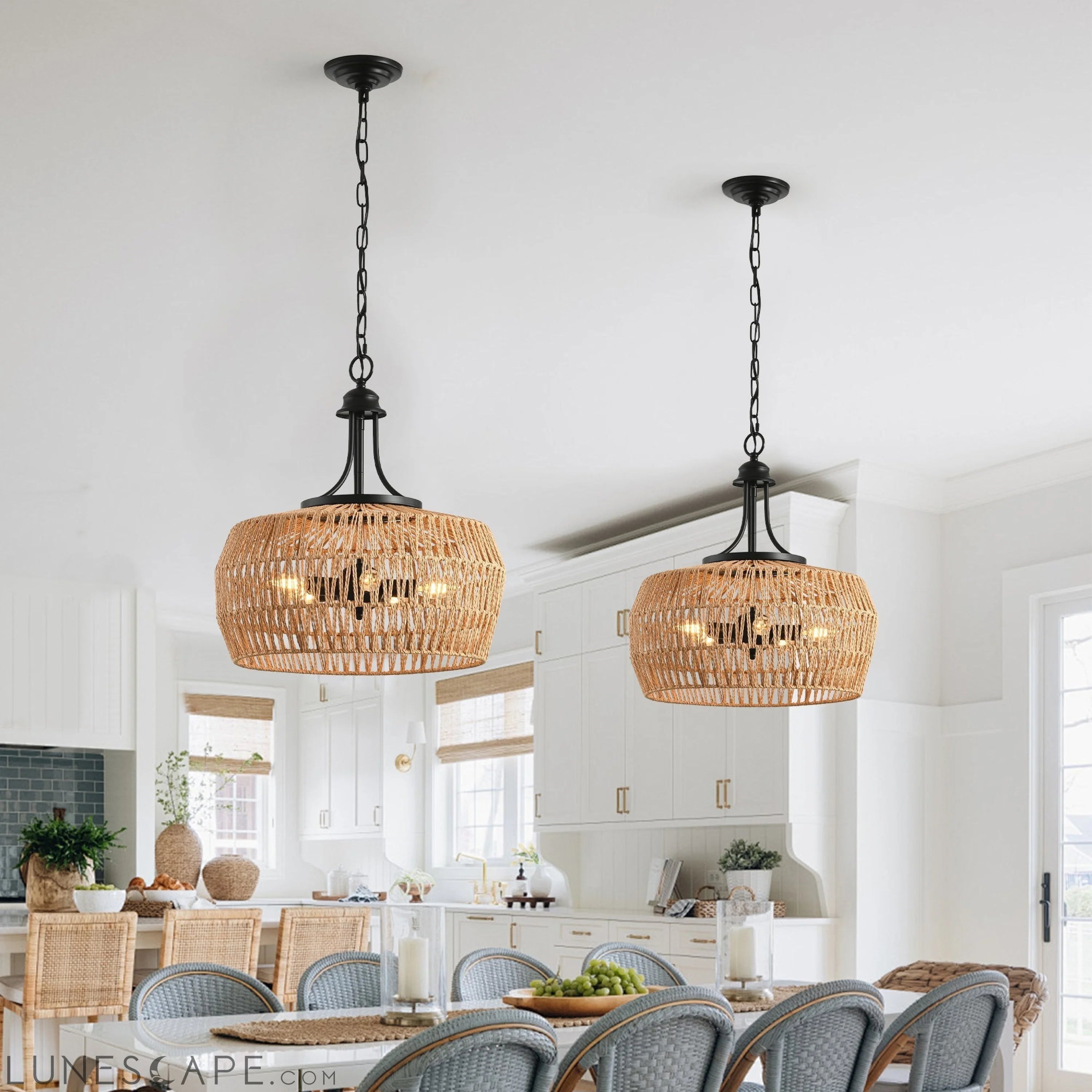 Boho Hemp Rope Pendant Light, Hand-Woven Jute Hanging Pendant LUNESCAPE