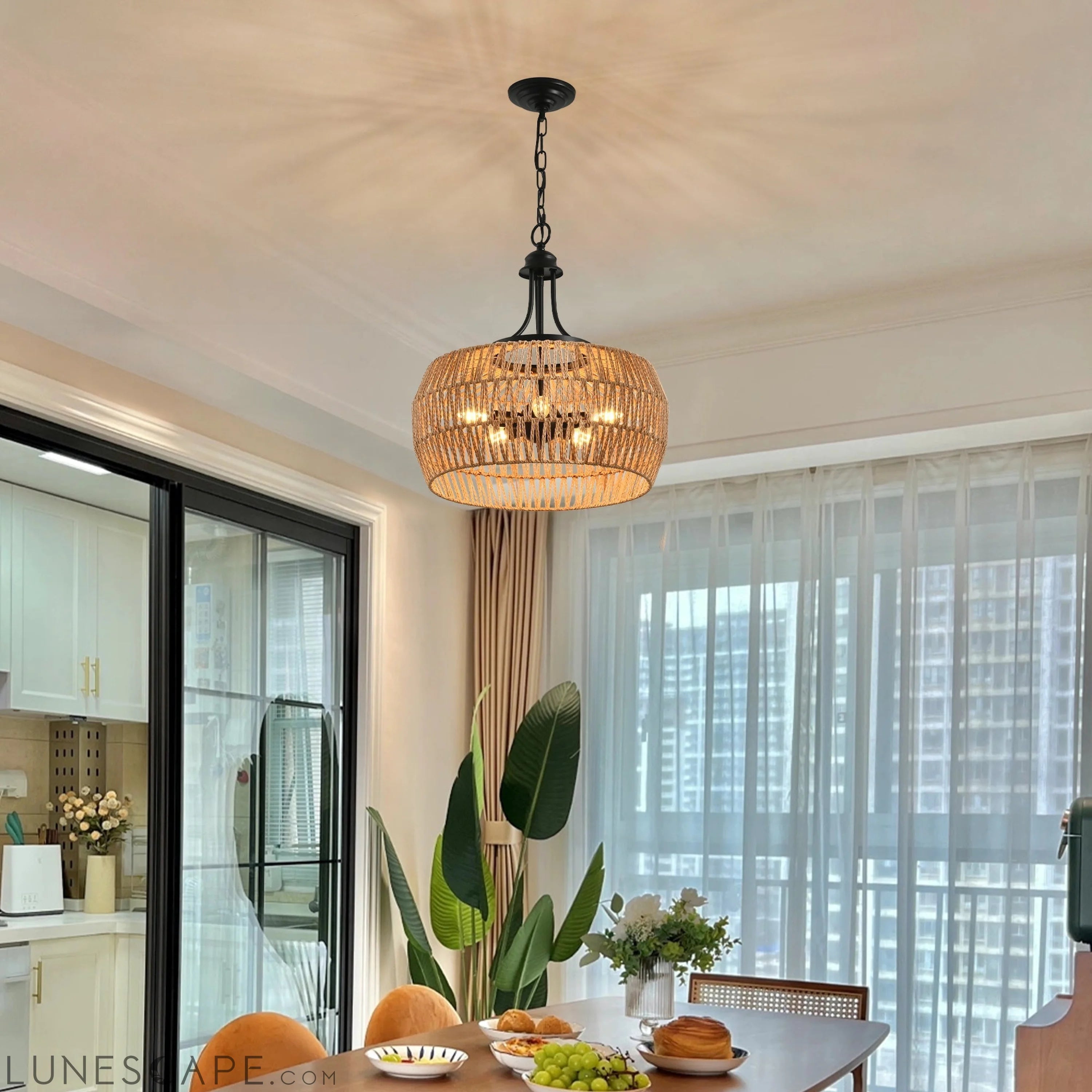 Boho Hemp Rope Pendant Light, Hand-Woven Jute Hanging Pendant LUNESCAPE