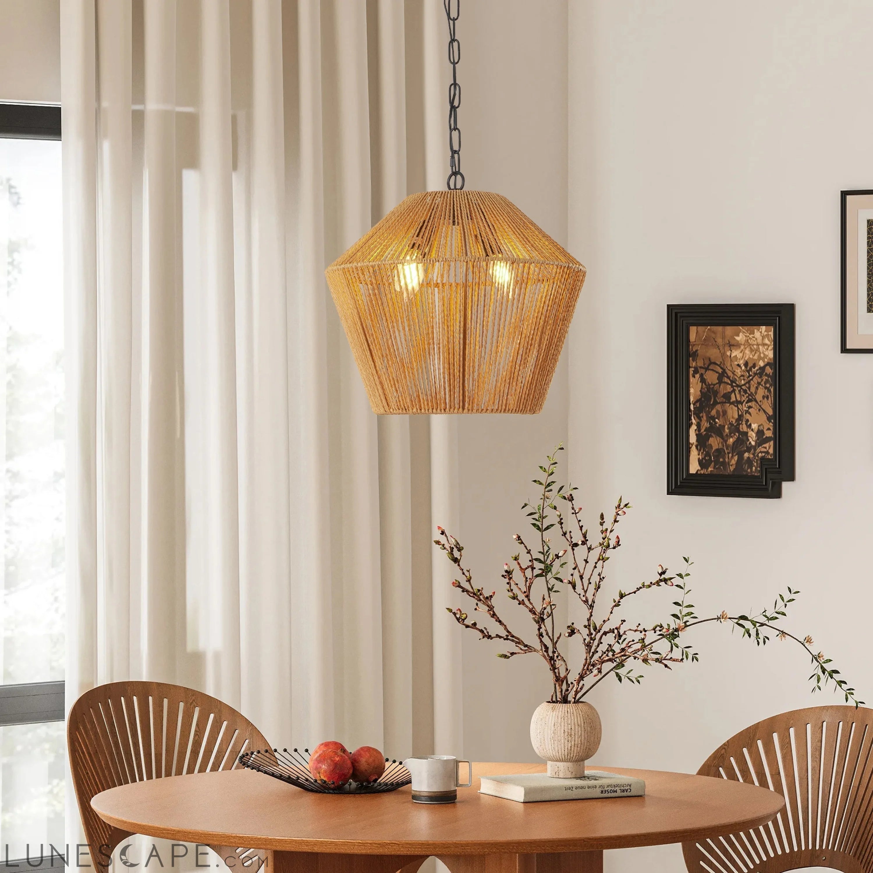 Boho Hemp Rope Pendant Light, Handcrafted Farmhouse Hanging Light LUNESCAPE