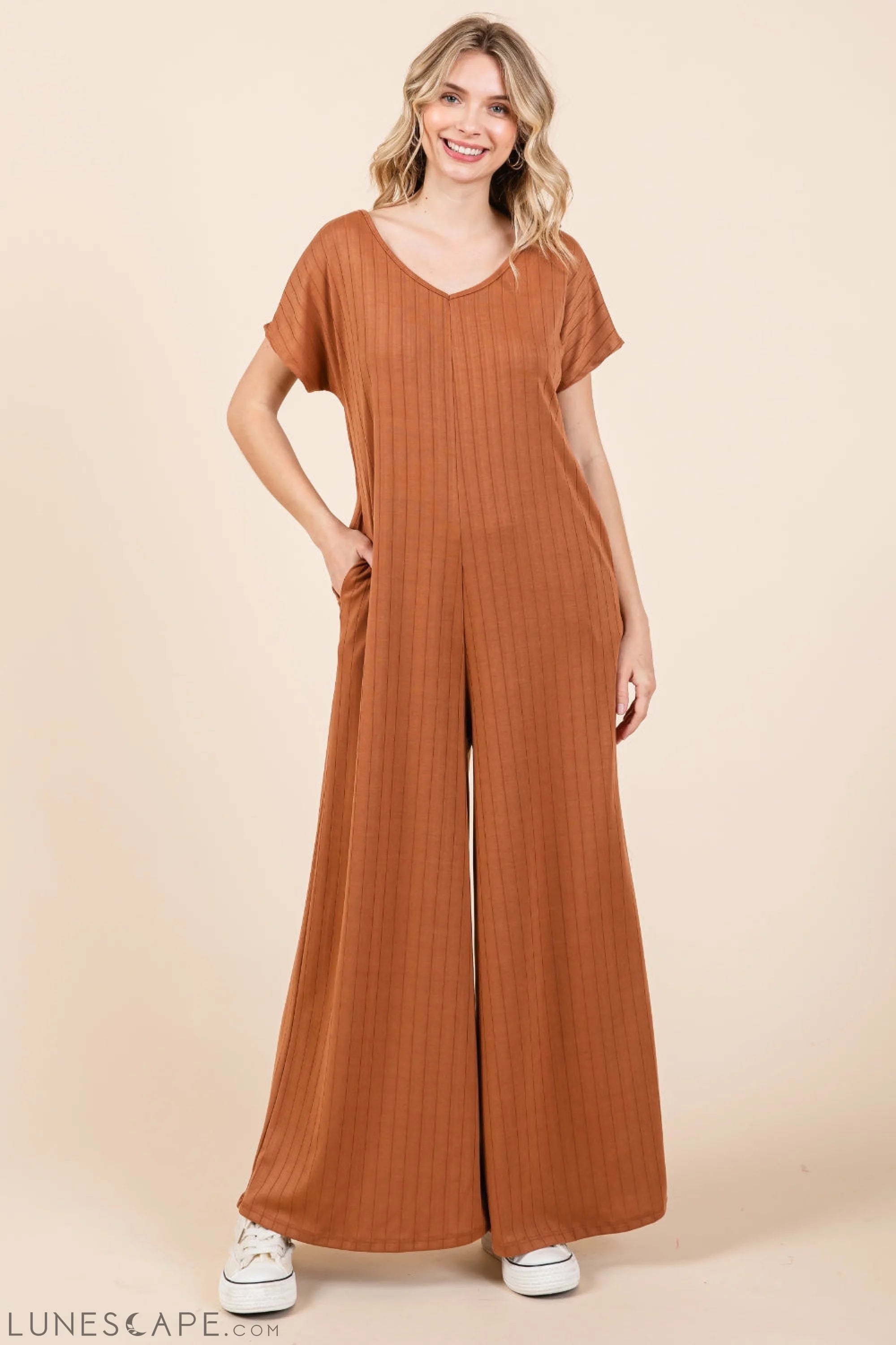 BOMBOM Ribbed Short Sleeve Wide Leg Jumpsuit LUNESCAPE