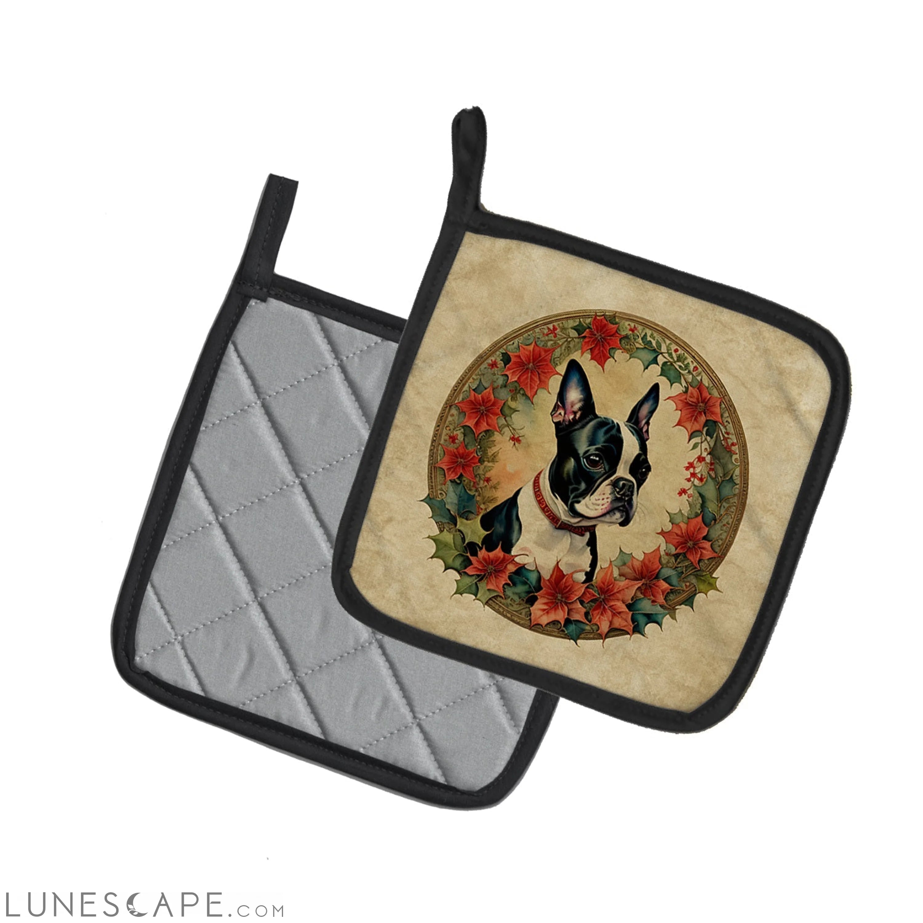 Boston Terrier Christmas Flowers Pair of Pot Holders LUNESCAPE