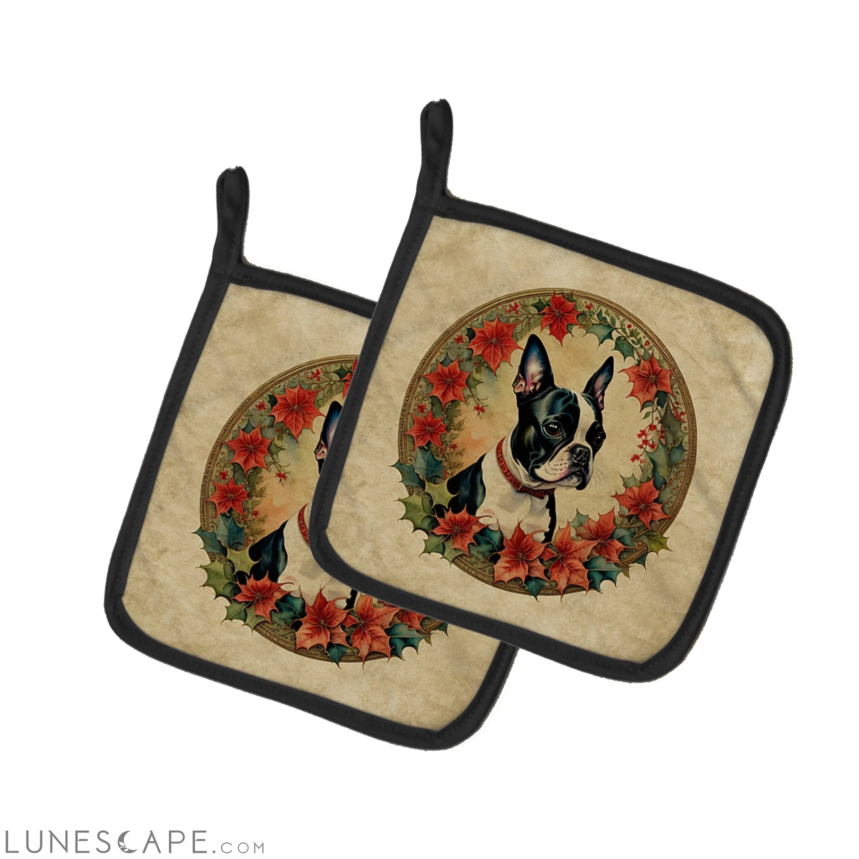 Boston Terrier Christmas Flowers Pair of Pot Holders LUNESCAPE