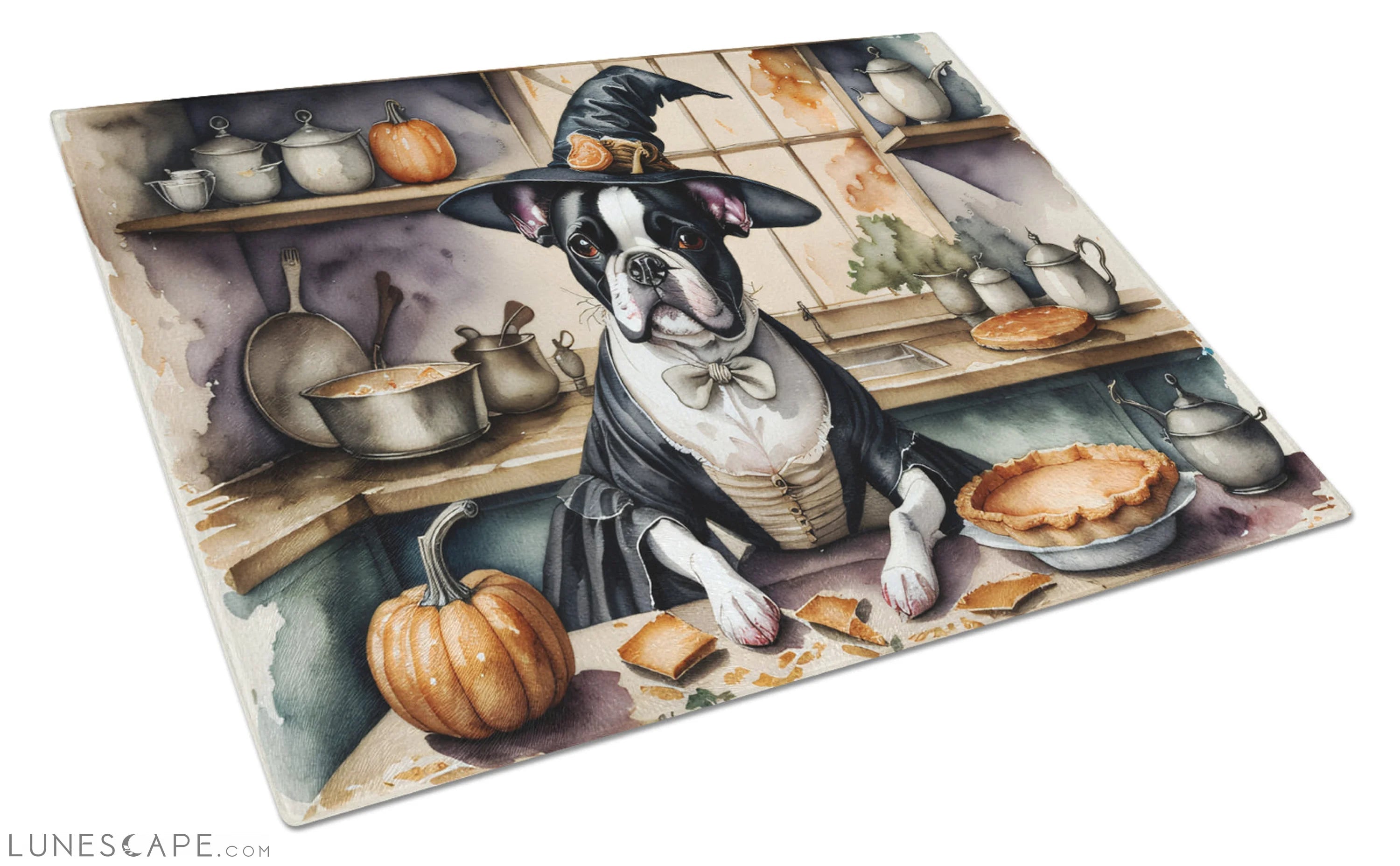Boston Terrier Thanksgiving Fall Kitchen Pumpkins Glass Cutting Board LUNESCAPE