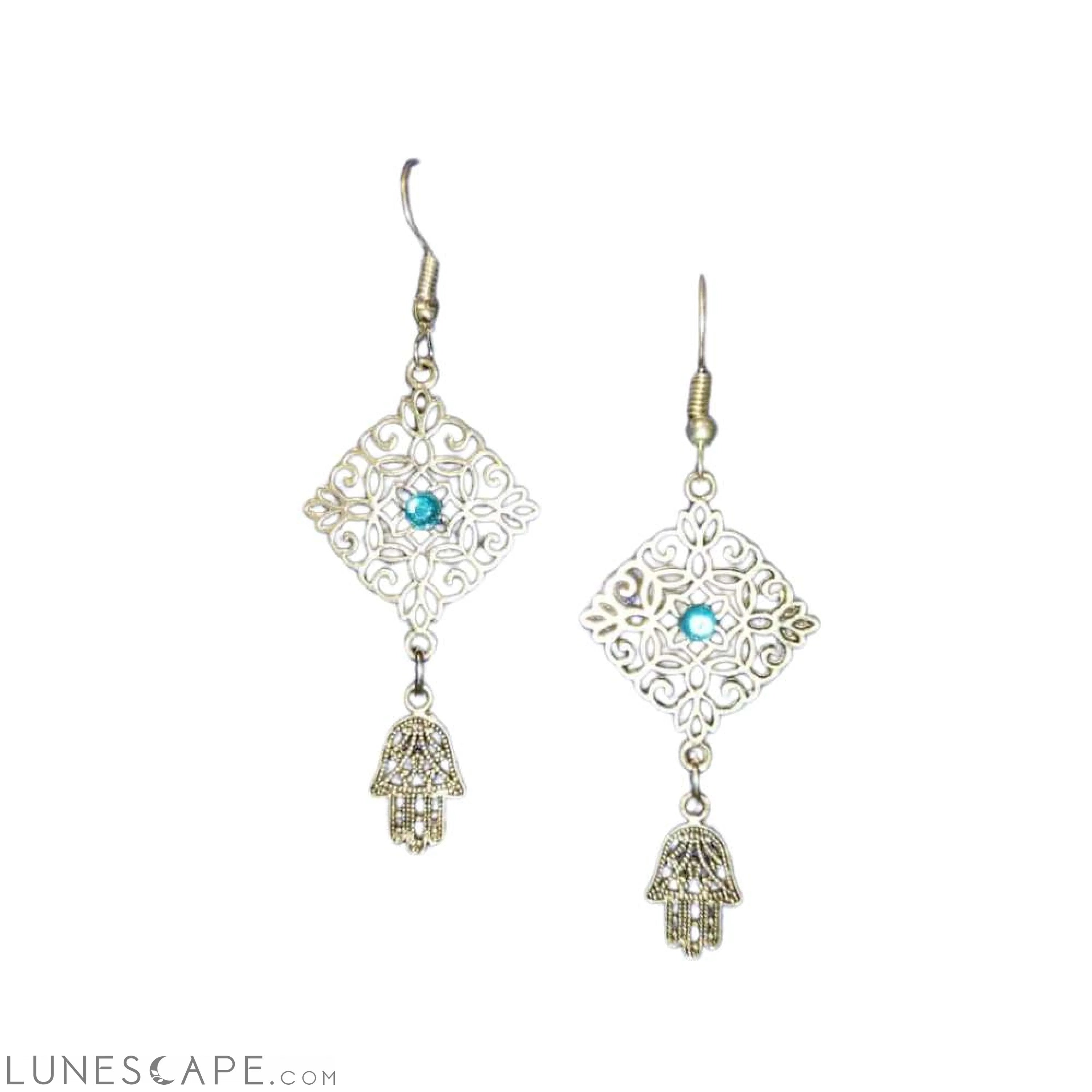 Boucles d'Oreilles Khmissa Silver Dangle Hamsa Earrings with Blue Gem LUNESCAPE