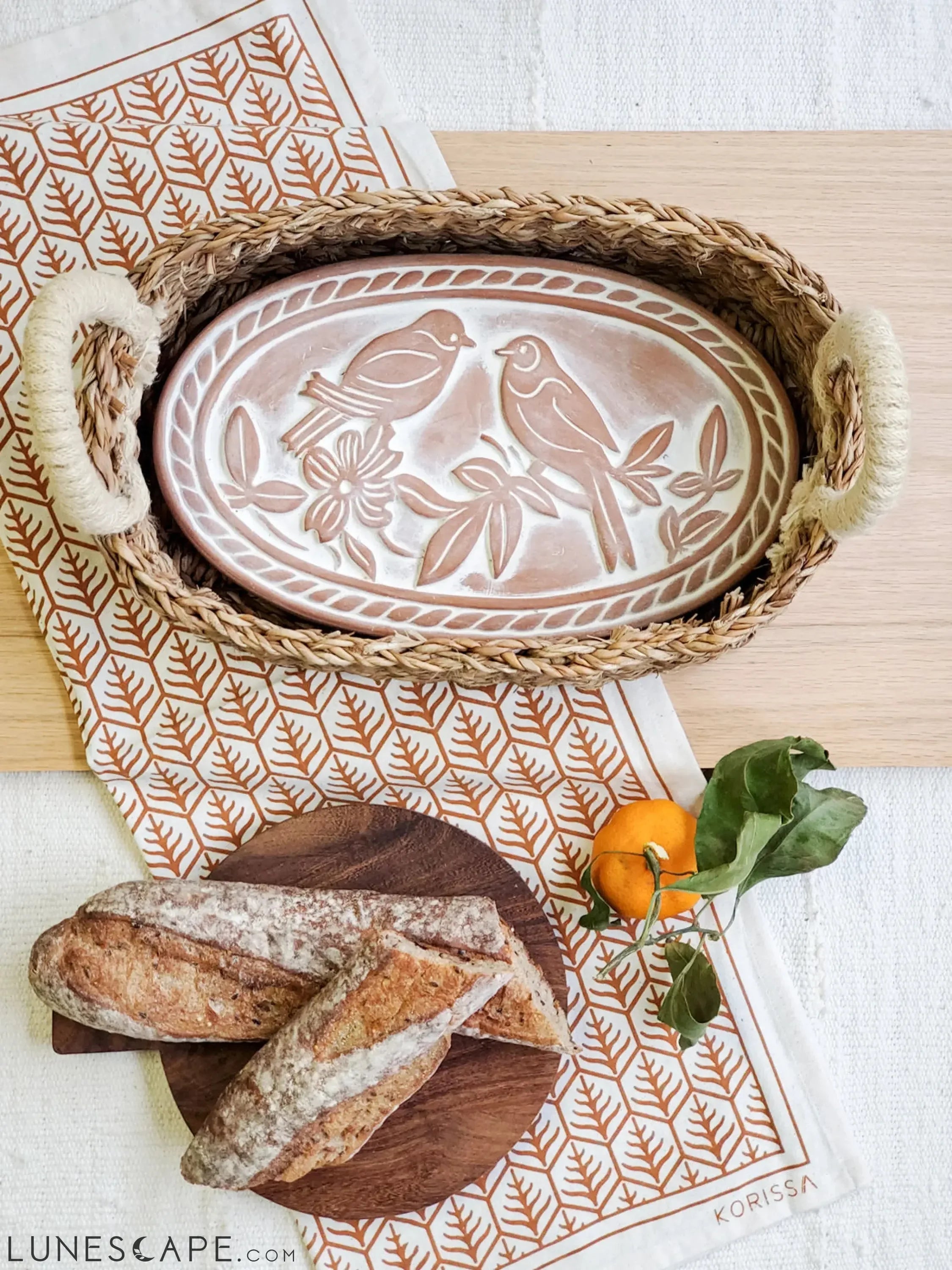 Bread Warmer & Basket Gift Set with Tea Towel - Lovebird Oval LUNESCAPE