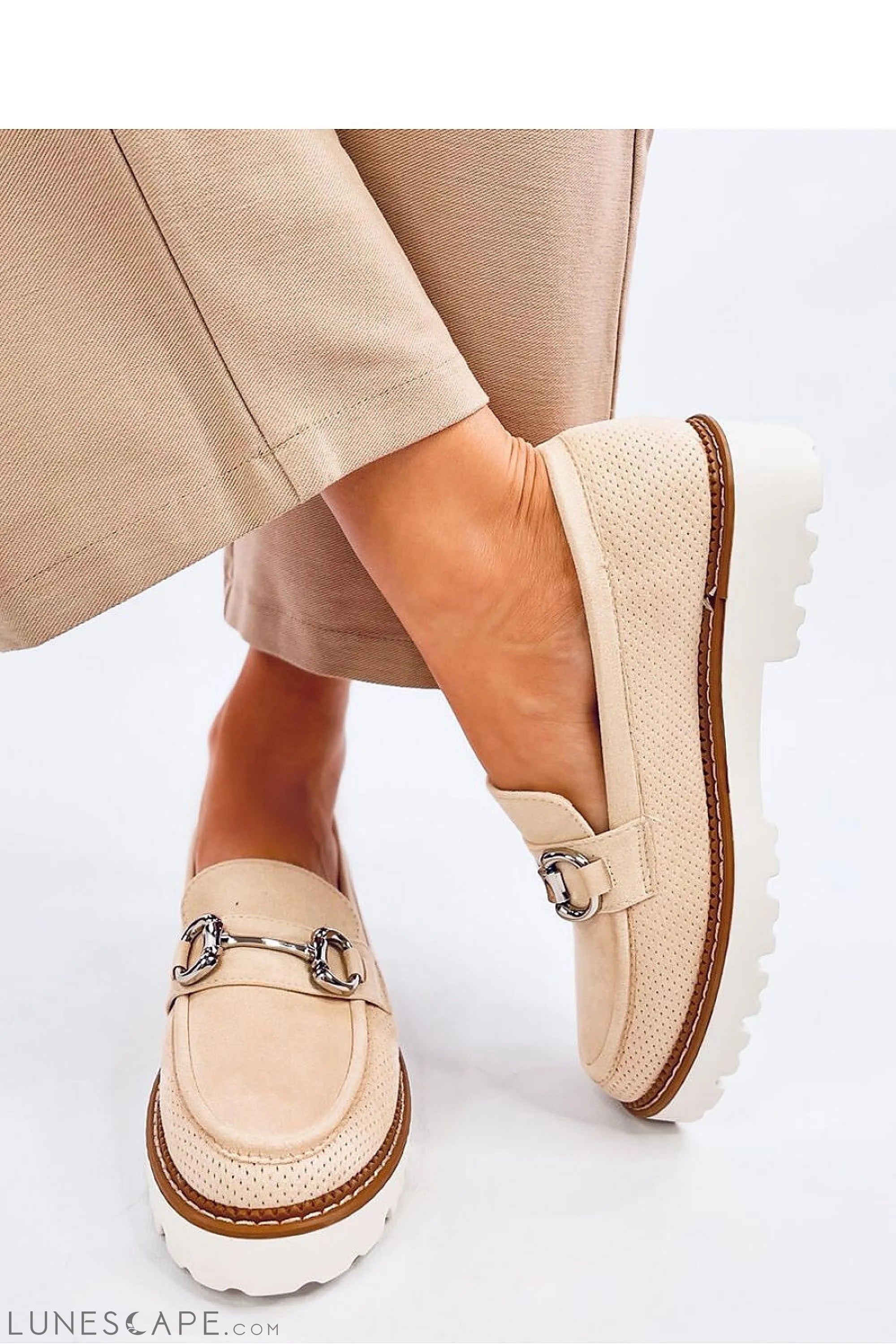Breathable Beige Eco-Suede Loafers for Women – Horsebit and White Lug Sole LUNESCAPE