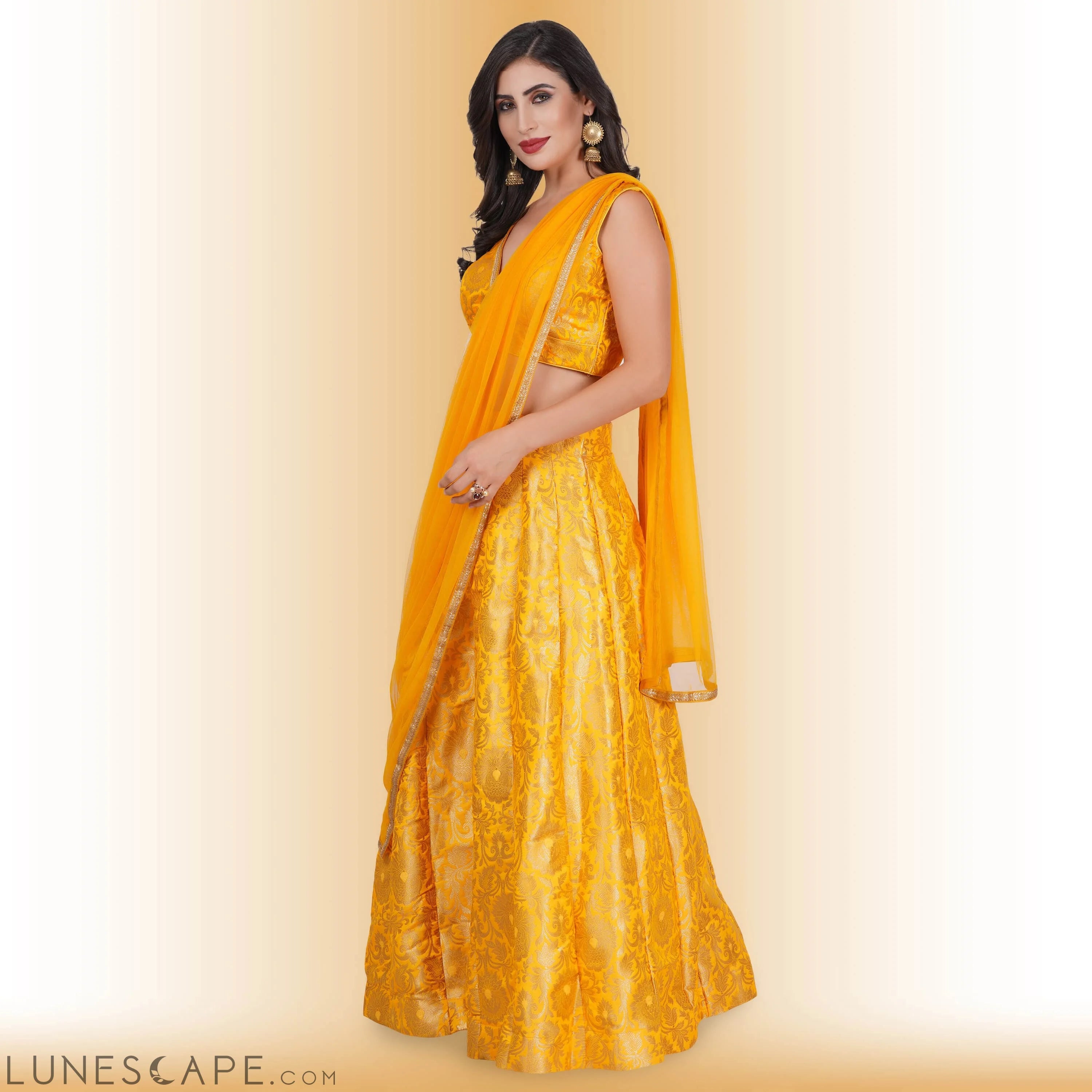 Brocade Party Lehenga - Yellow LUNESCAPE