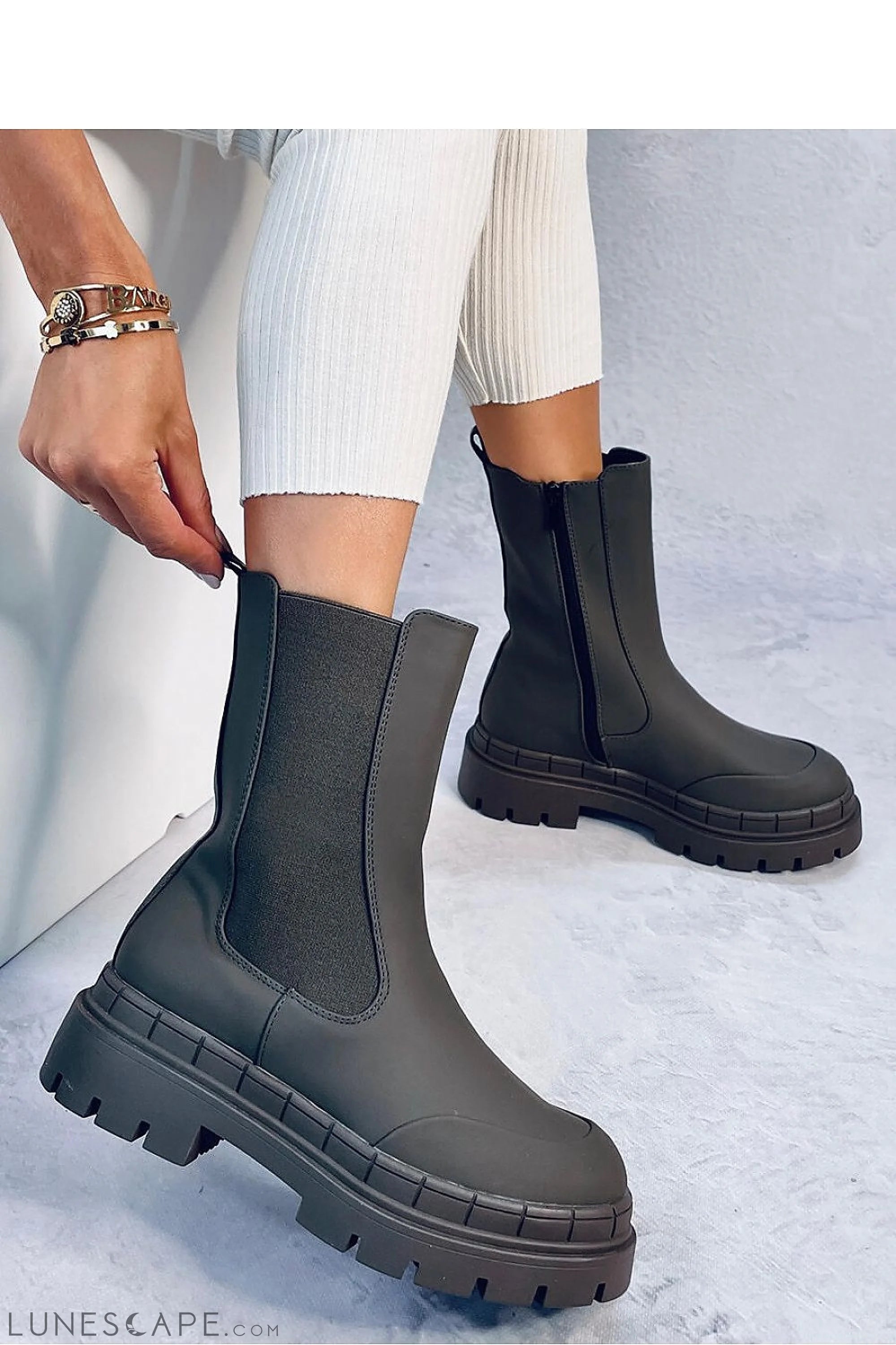 Brown Leather Lug Sole Chelsea-Inspired Moto Boot for Women LUNESCAPE