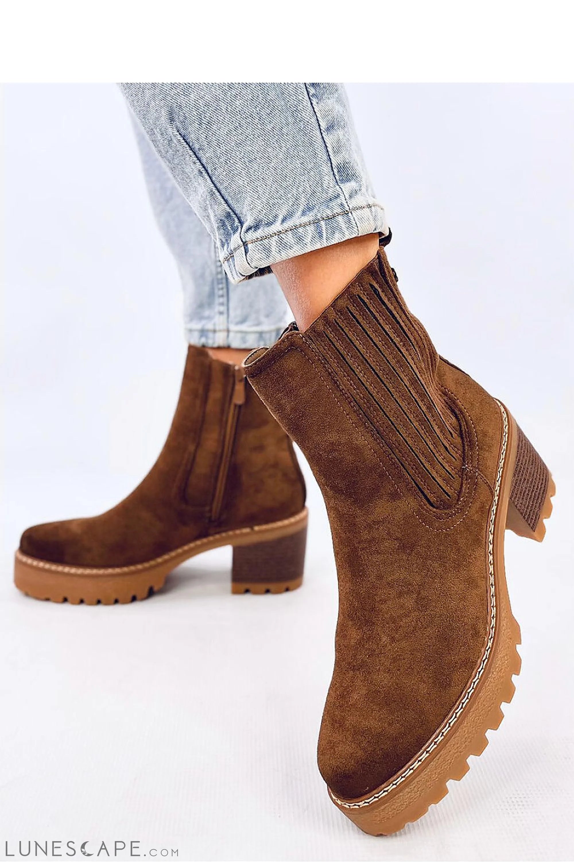 Brown Suede Chelsea Boots with Stacked Block Heel & Double-Stitched Midsole LUNESCAPE