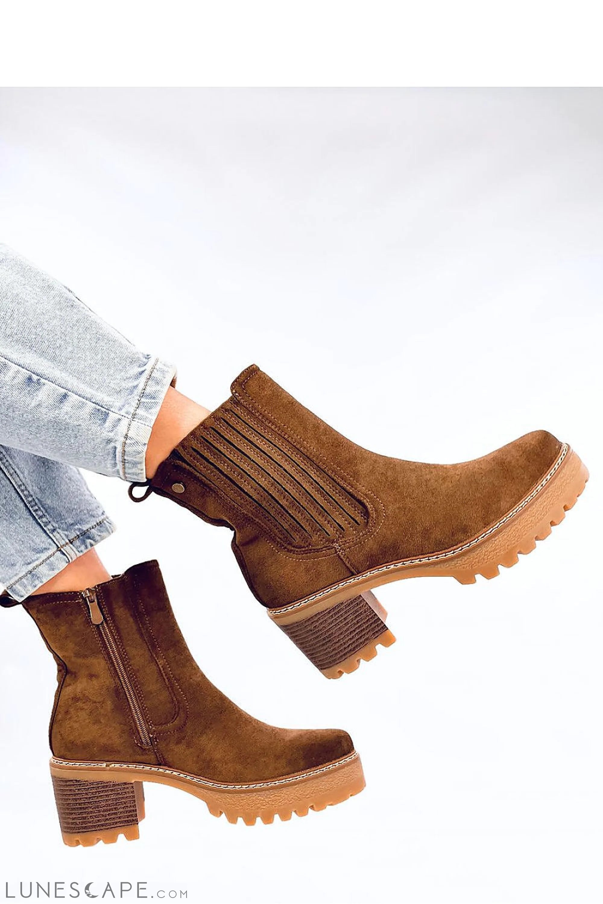Brown Suede Chelsea Boots with Stacked Block Heel & Double-Stitched Midsole LUNESCAPE