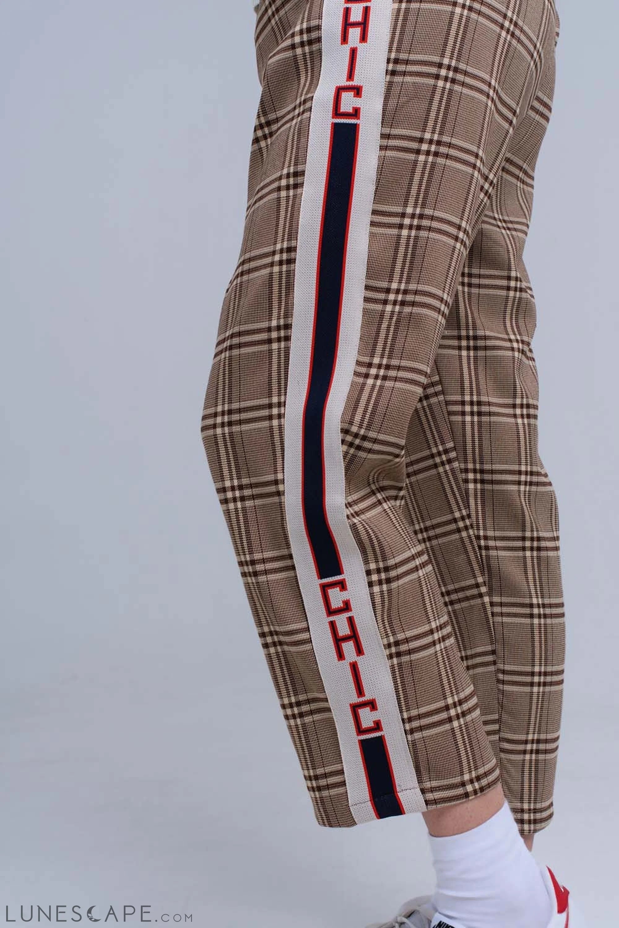 Brown Tartan Plaid Trousers with Side Stripe LUNESCAPE