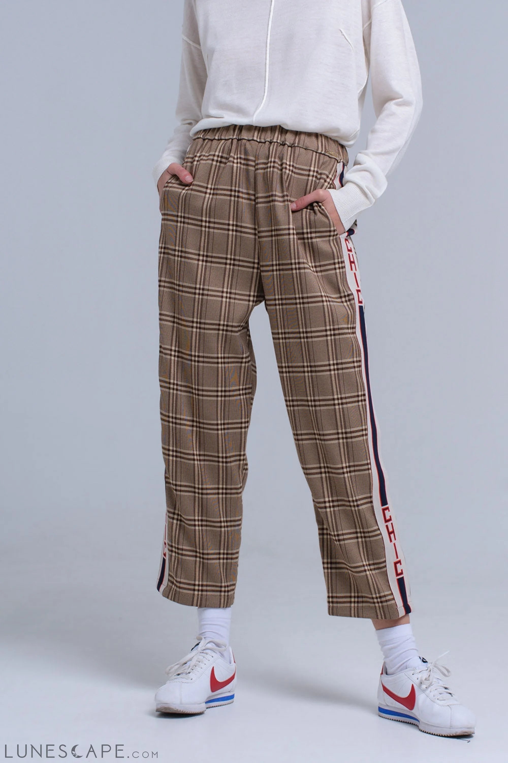 Brown Tartan Plaid Trousers with Side Stripe LUNESCAPE