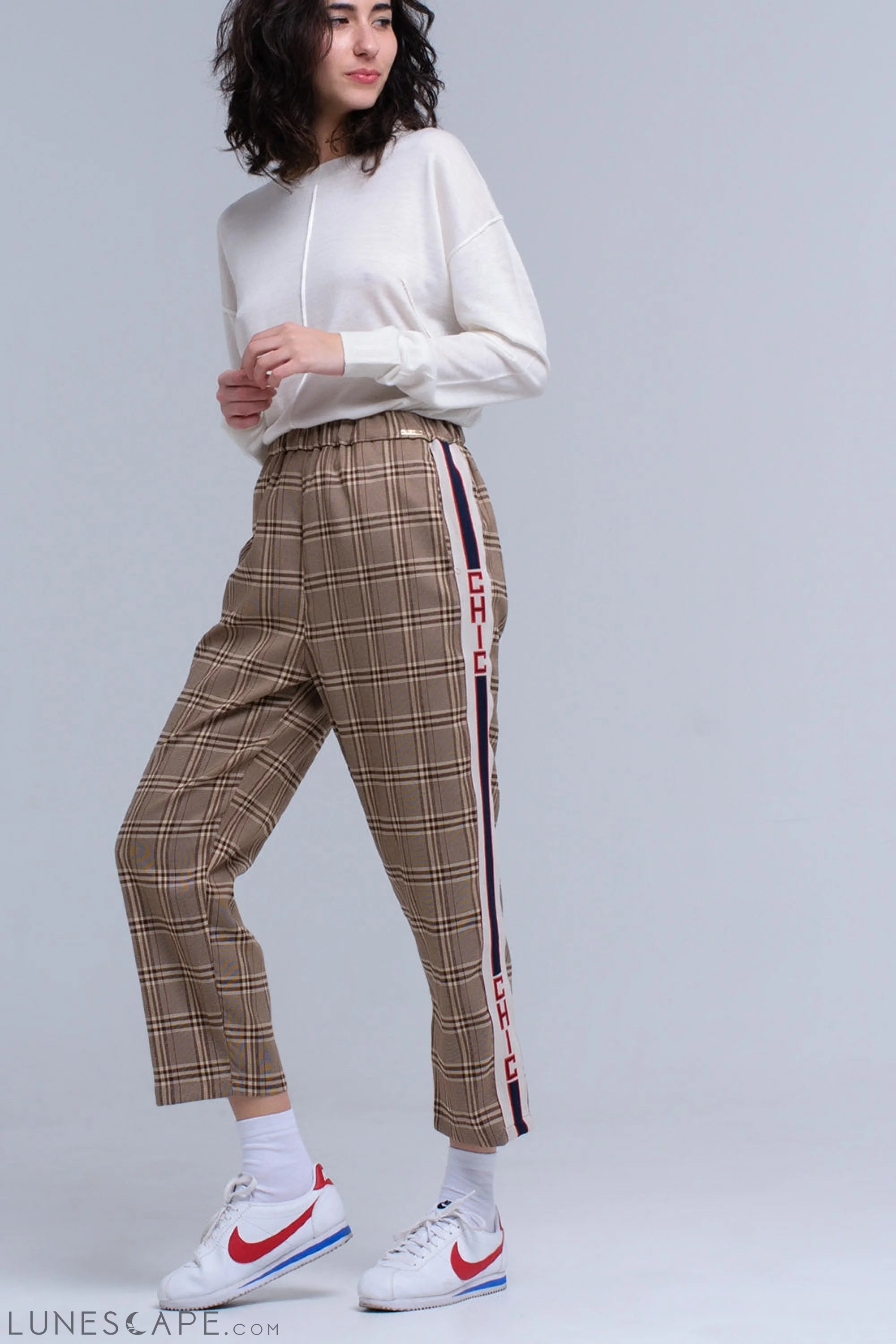 Brown Tartan Plaid Trousers with Side Stripe LUNESCAPE