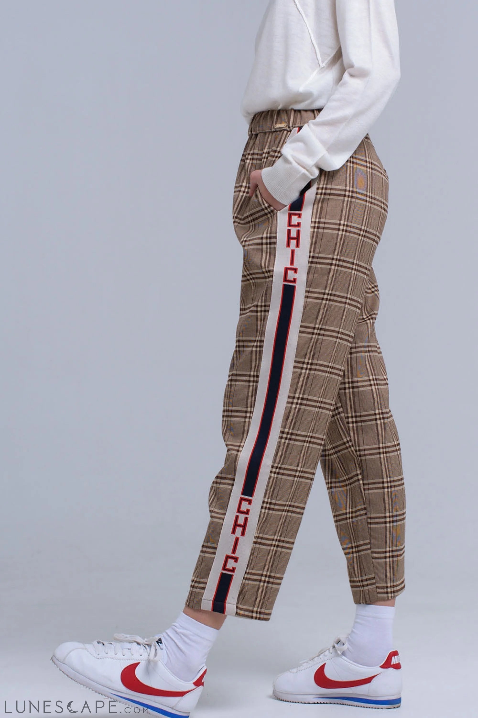 Brown Tartan Plaid Trousers with Side Stripe LUNESCAPE