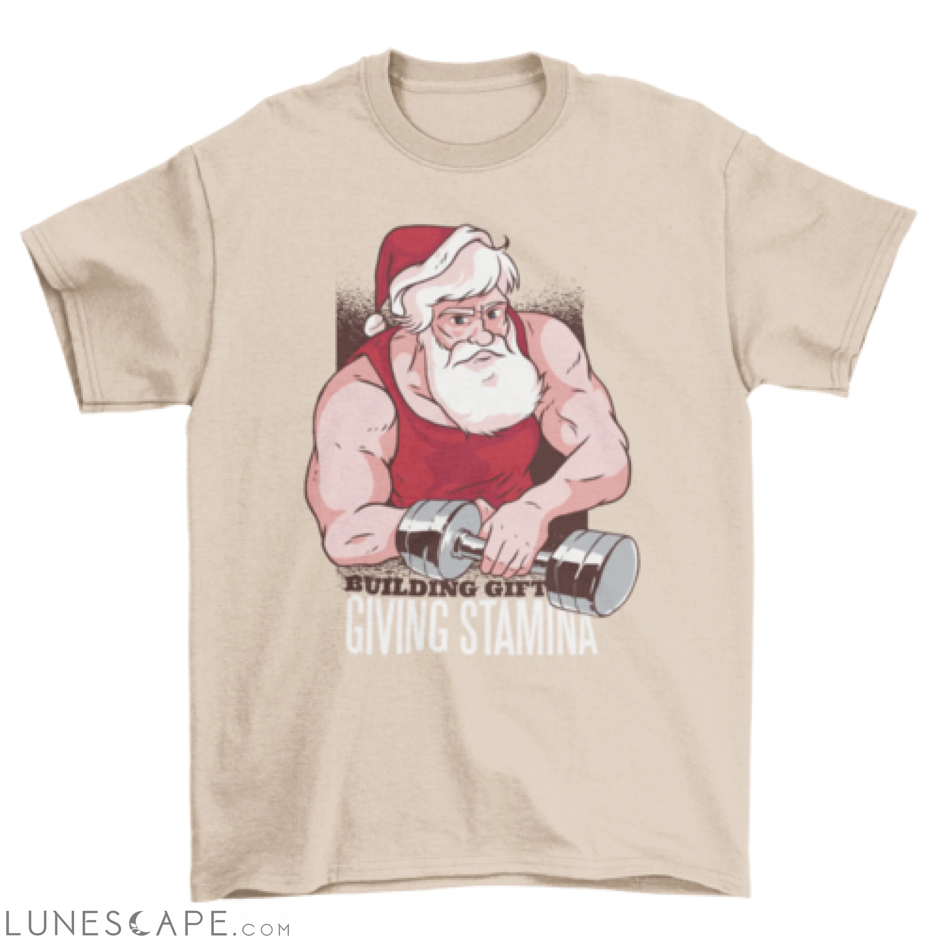 Buff Santa at the Gym with dumbbell and text Building gift giving LUNESCAPE