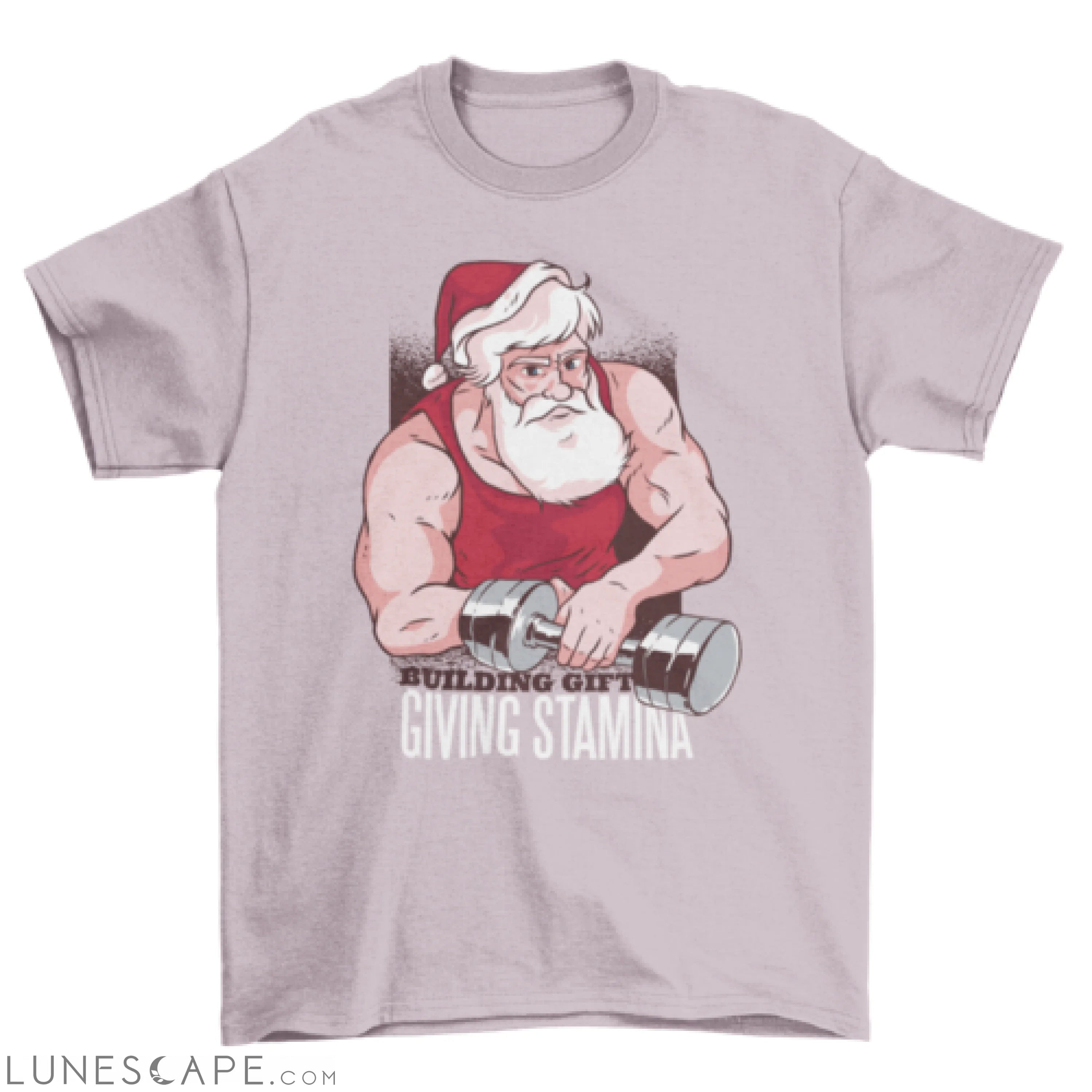 Buff Santa at the Gym with dumbbell and text Building gift giving LUNESCAPE