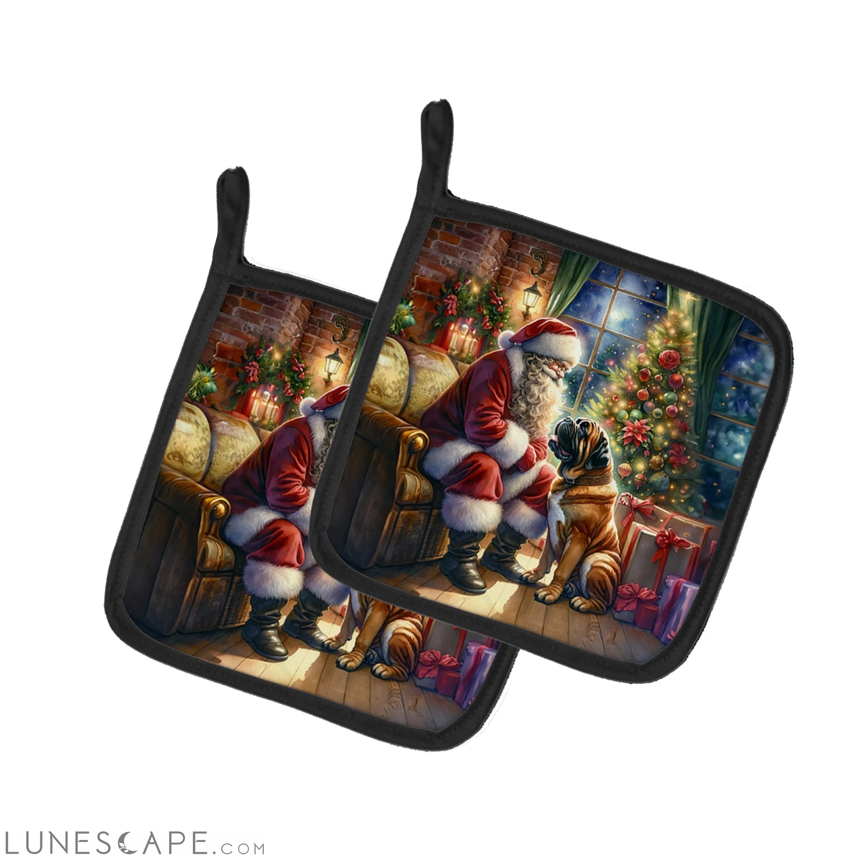 Bullmastiff and Santa Claus Pair of Pot Holders LUNESCAPE