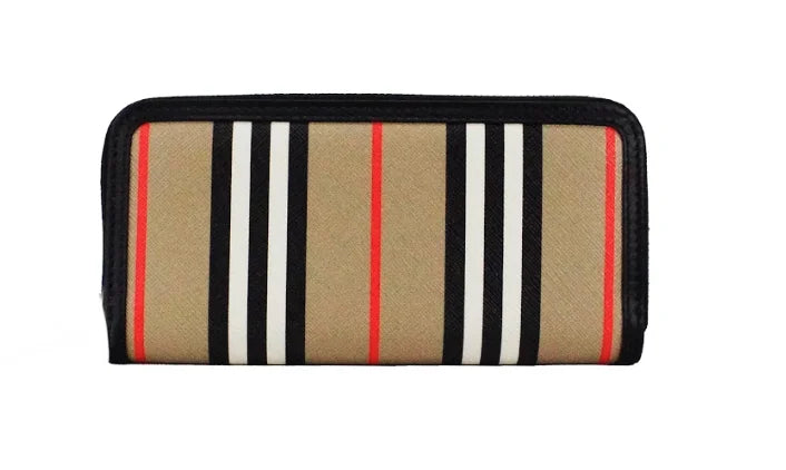 Burberry Ellerby Black Leather Icon Stripe Canvas Zip Around Continental Wallet LUNESCAPE
