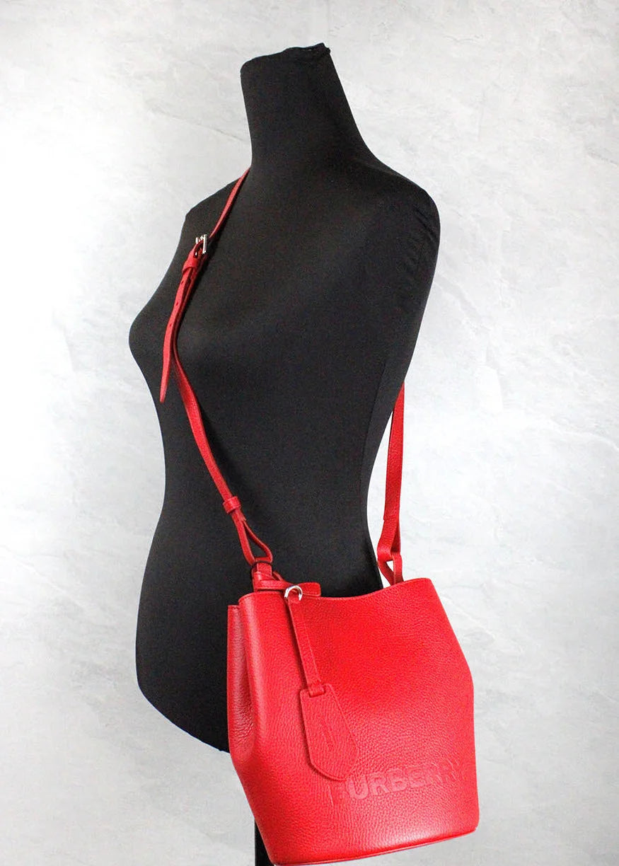 Burberry Lorne Small Red Pebbled Leather Bucket Crossbody Purse Bag LUNESCAPE