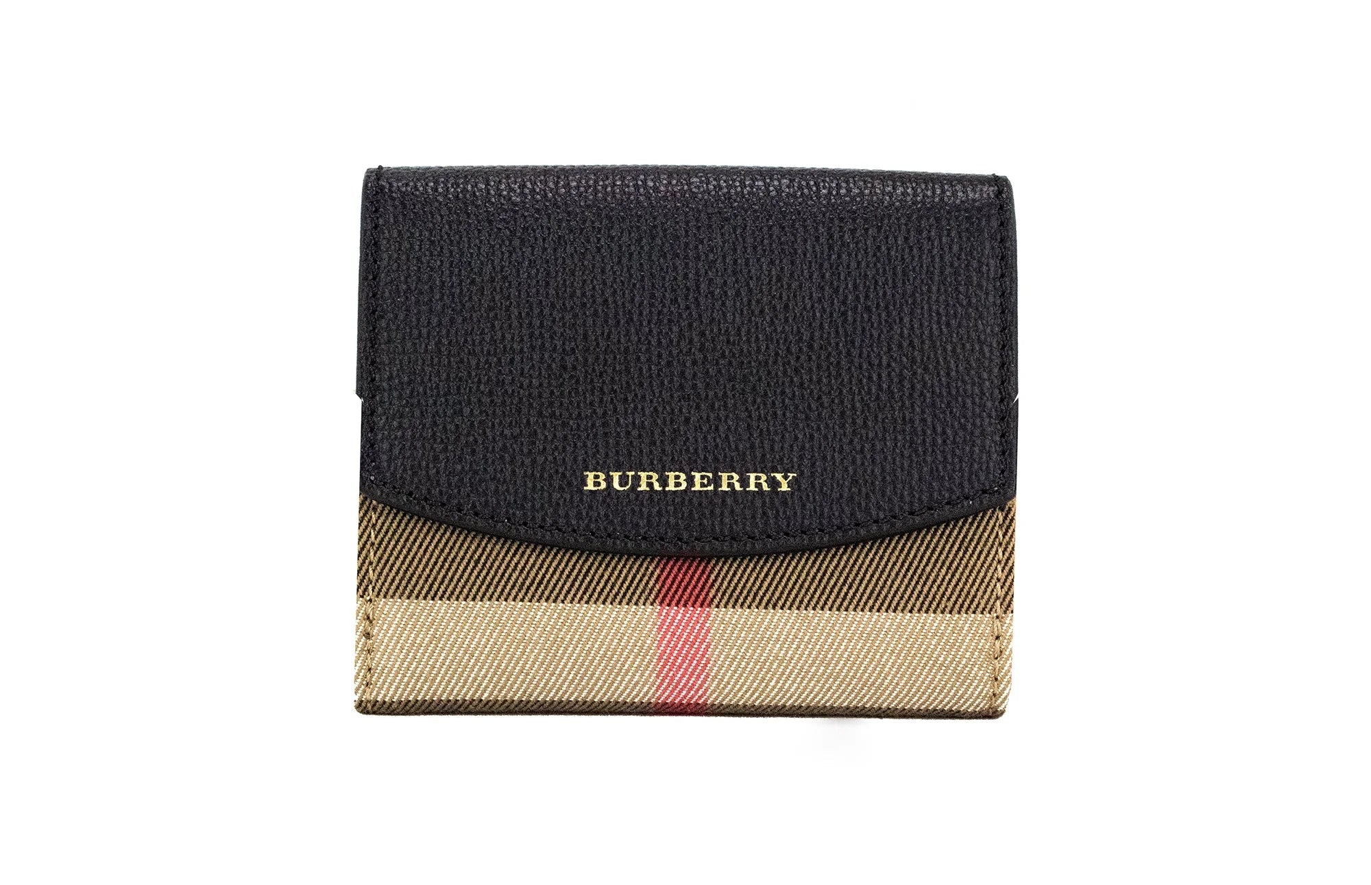 Burberry Luna Black Grained Leather House Check Canvas Coin Pouch Snap Wallet LUNESCAPE