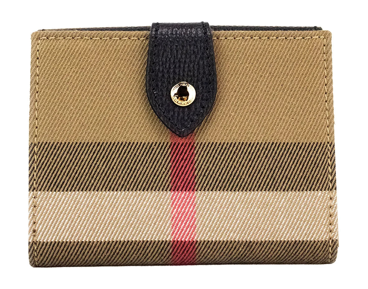 Burberry Luna Black Grained Leather House Check Canvas Coin Pouch Snap Wallet LUNESCAPE