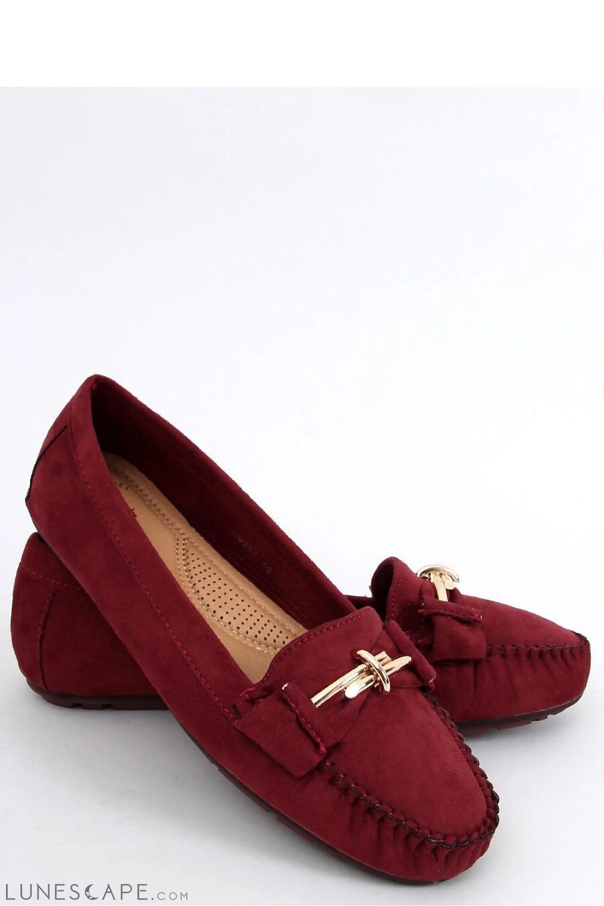 Burgundy Suede Loafers – Women's Almond Toe with Gold Bar and Whipstitch Detail LUNESCAPE