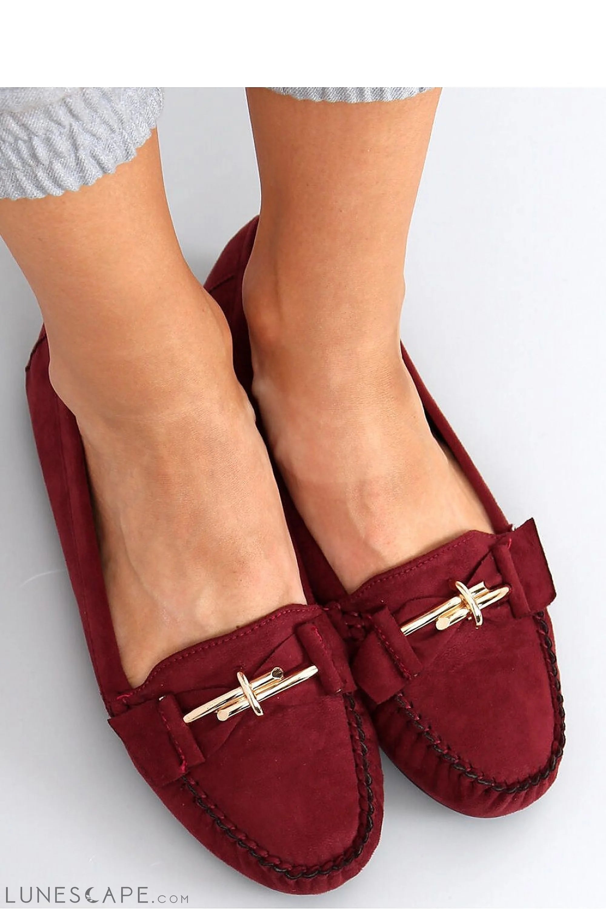 Burgundy Suede Loafers – Women's Almond Toe with Gold Bar and Whipstitch Detail LUNESCAPE
