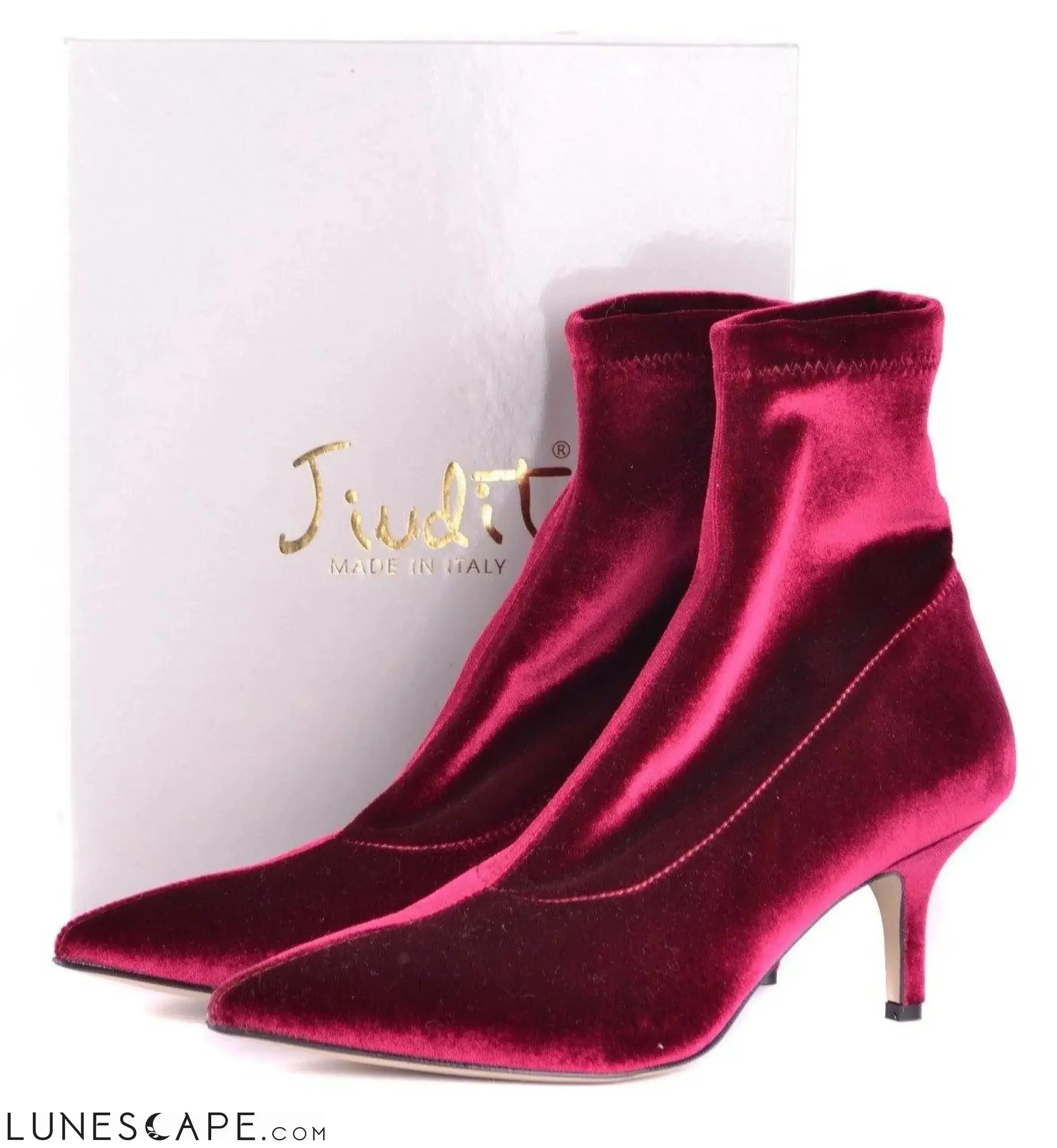 Burgundy Velvet Kitten Heel Ankle Boots - Jiudit LUNESCAPE