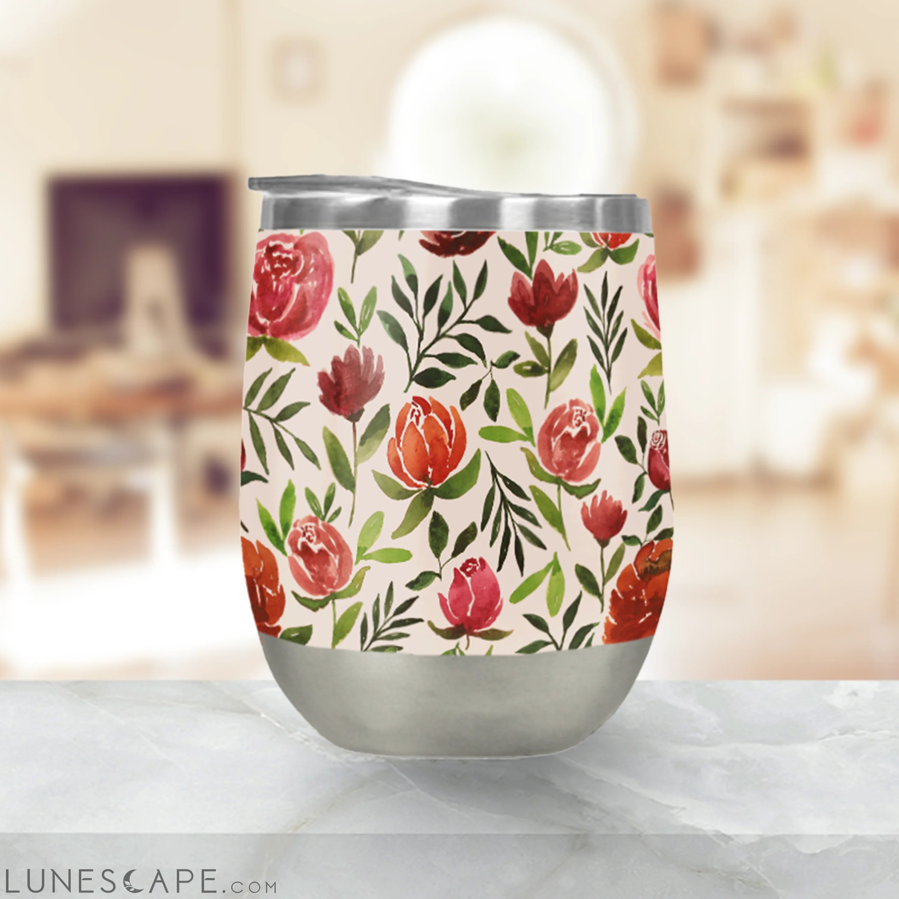 Burgundy Watercolor Floral Stemless Wine Tumbler LUNESCAPE