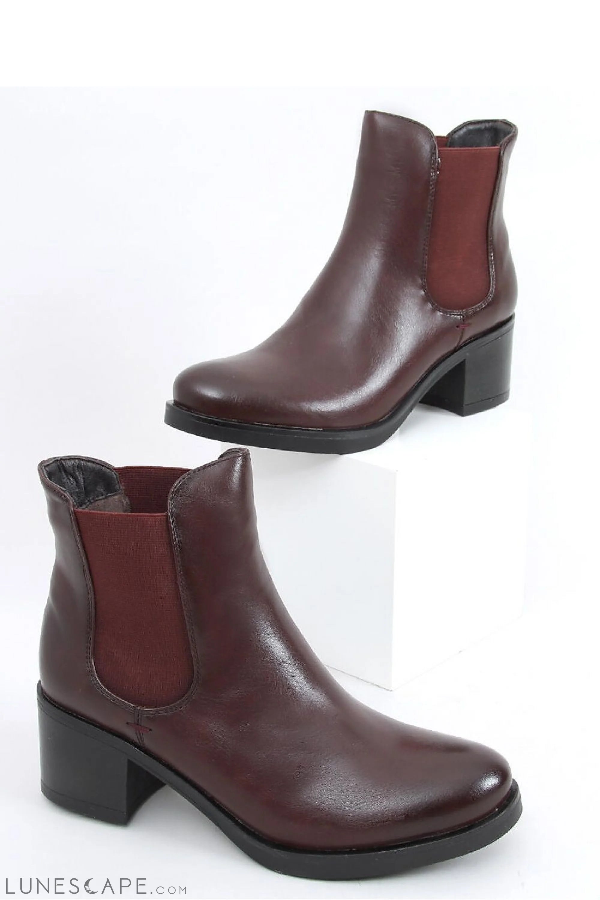 Burnt Brown Leather Chelsea Boots with Chunky Block Heel LUNESCAPE