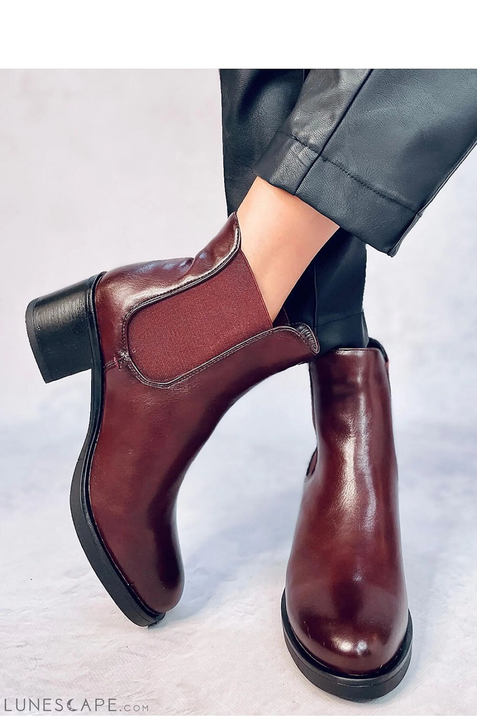 Burnt Brown Leather Chelsea Boots with Chunky Block Heel LUNESCAPE