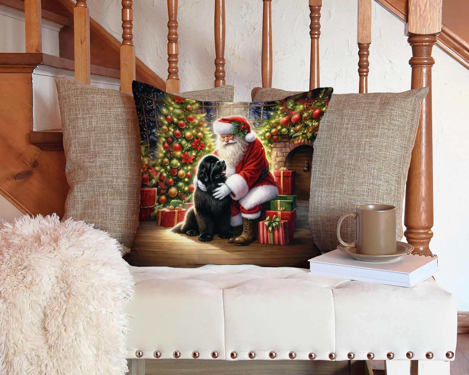 Newfoundland and Santa Claus Throw Pillow LUNESCAPE