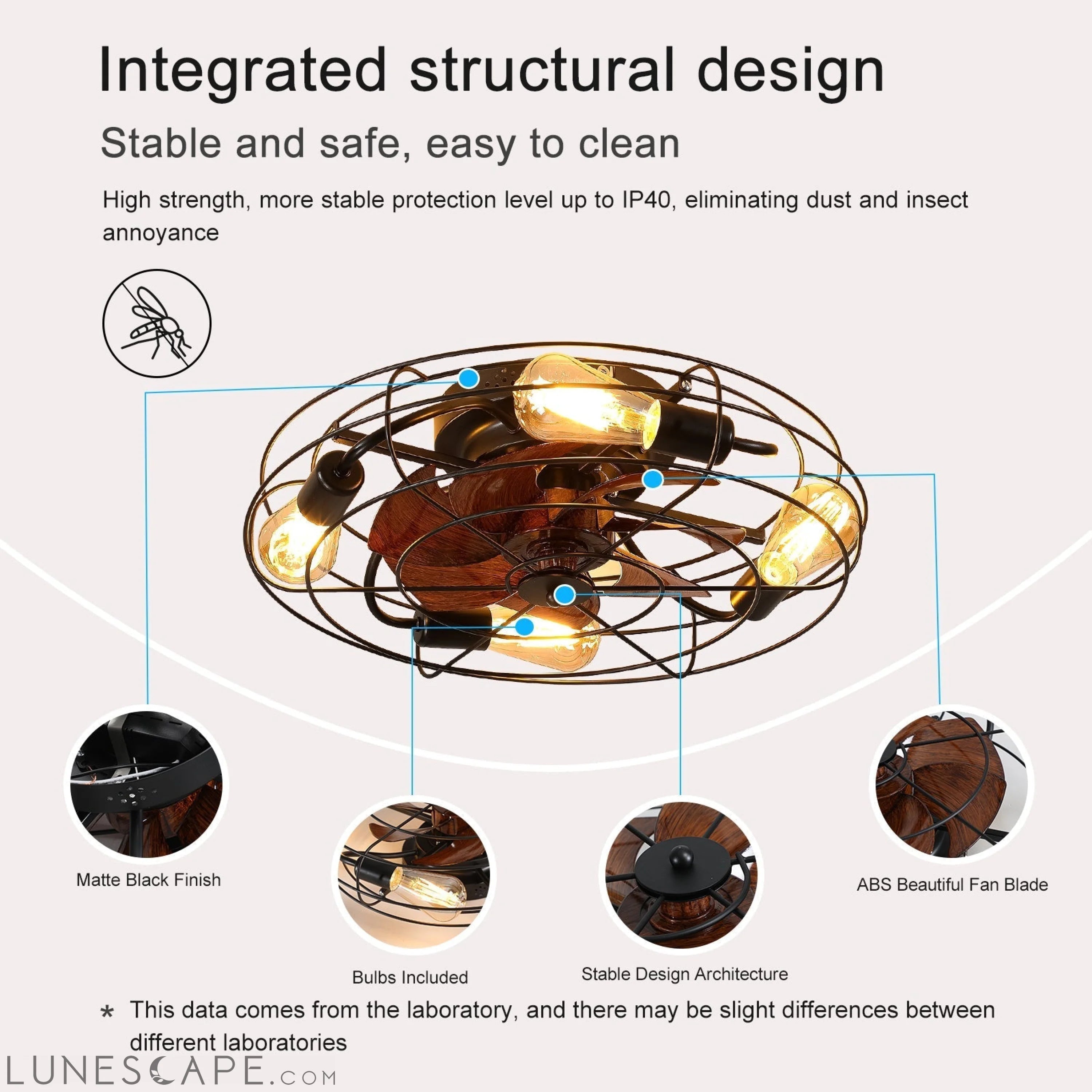 Caged Ceiling Fan With Light, 20'' farmhouse Low Profile Ceiling fan LUNESCAPE