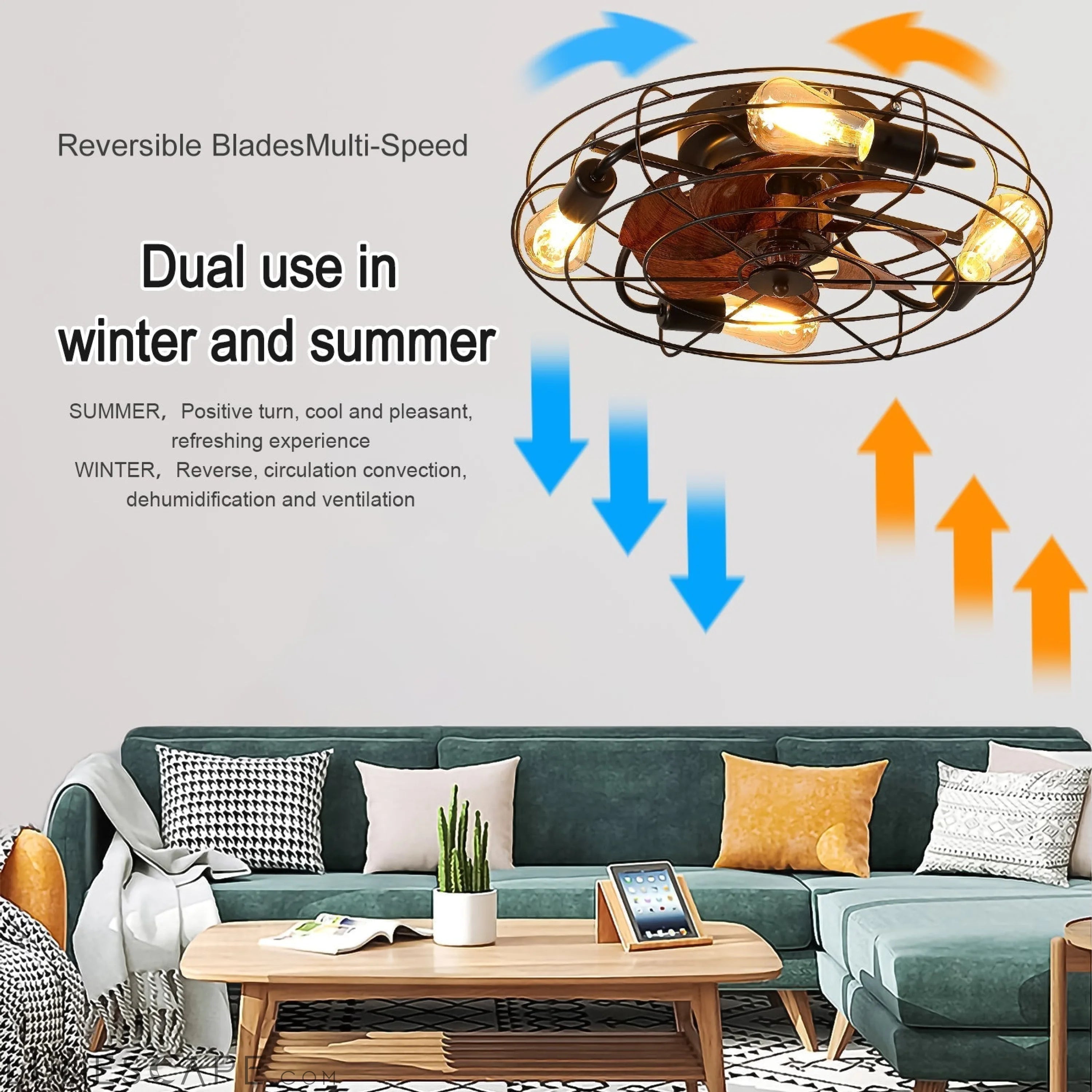 Caged Ceiling Fan With Light, 20'' farmhouse Low Profile Ceiling fan LUNESCAPE