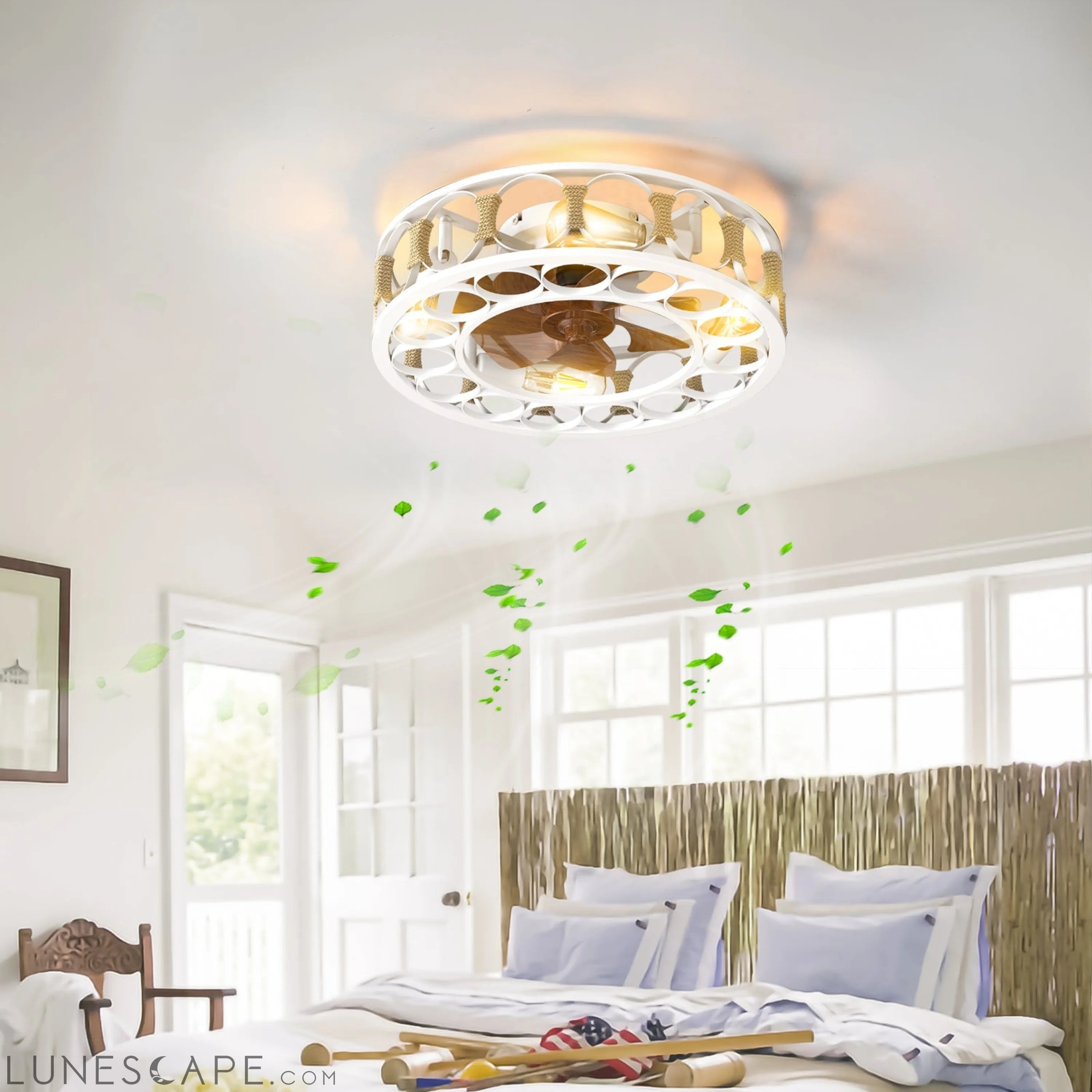 Caged Ceiling Fan with Lights Remote Control,Semi -embedded Modern LUNESCAPE