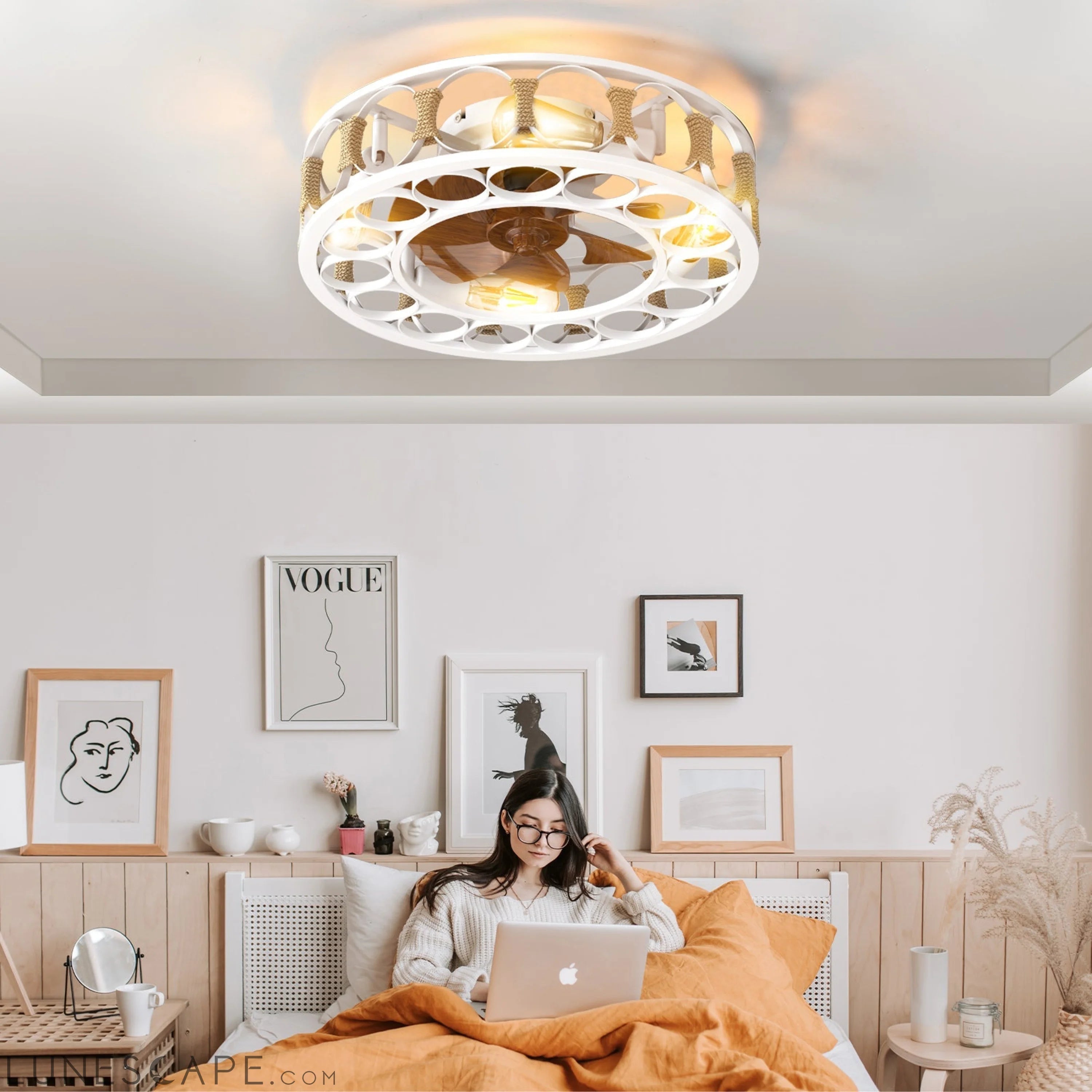 Caged Ceiling Fan with Lights Remote Control,Semi -embedded Modern LUNESCAPE
