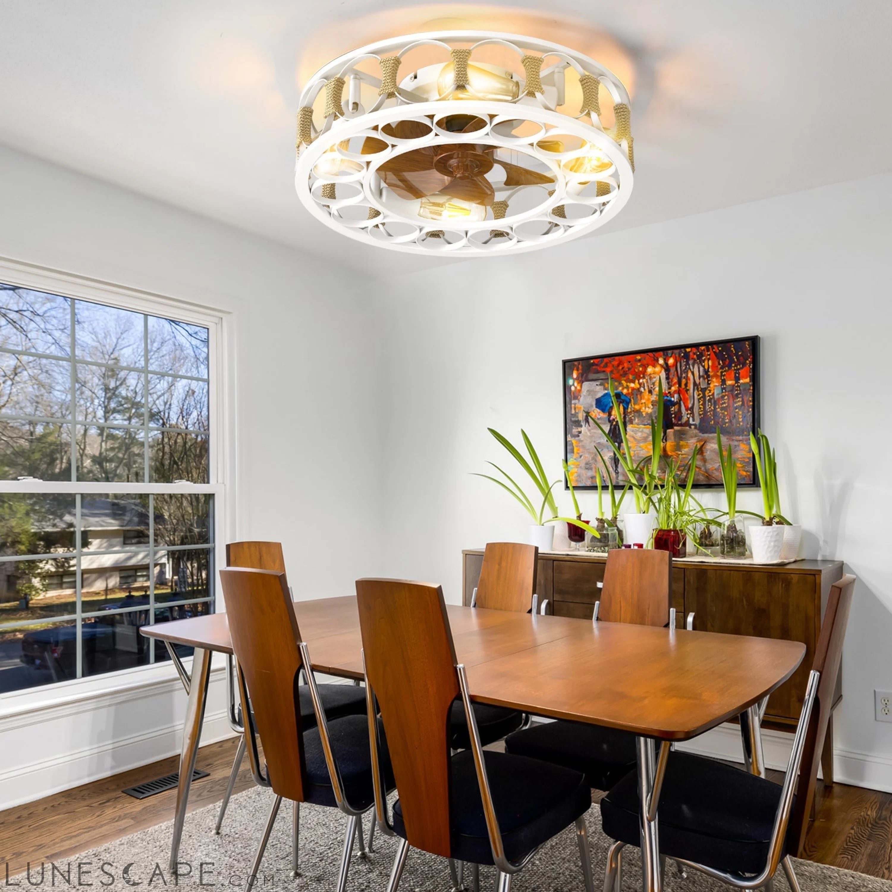 Caged Ceiling Fan with Lights Remote Control,Semi -embedded Modern LUNESCAPE