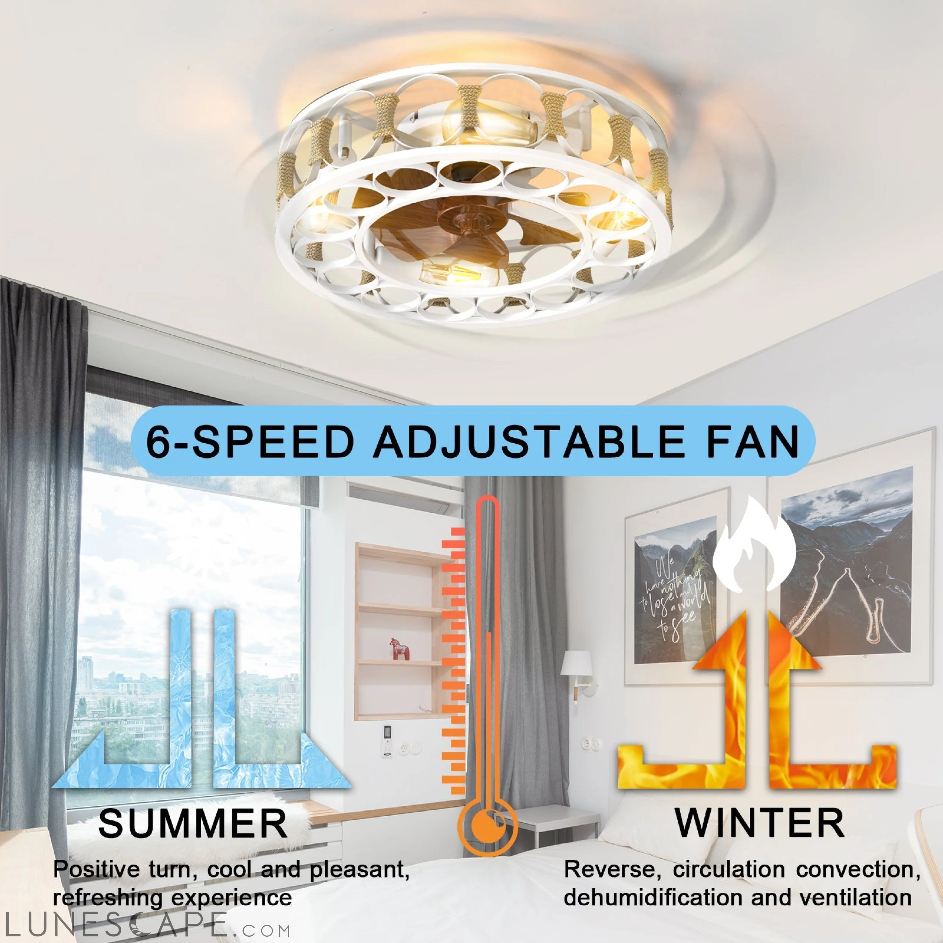 Caged Ceiling Fan with Lights Remote Control,Semi -embedded Modern LUNESCAPE