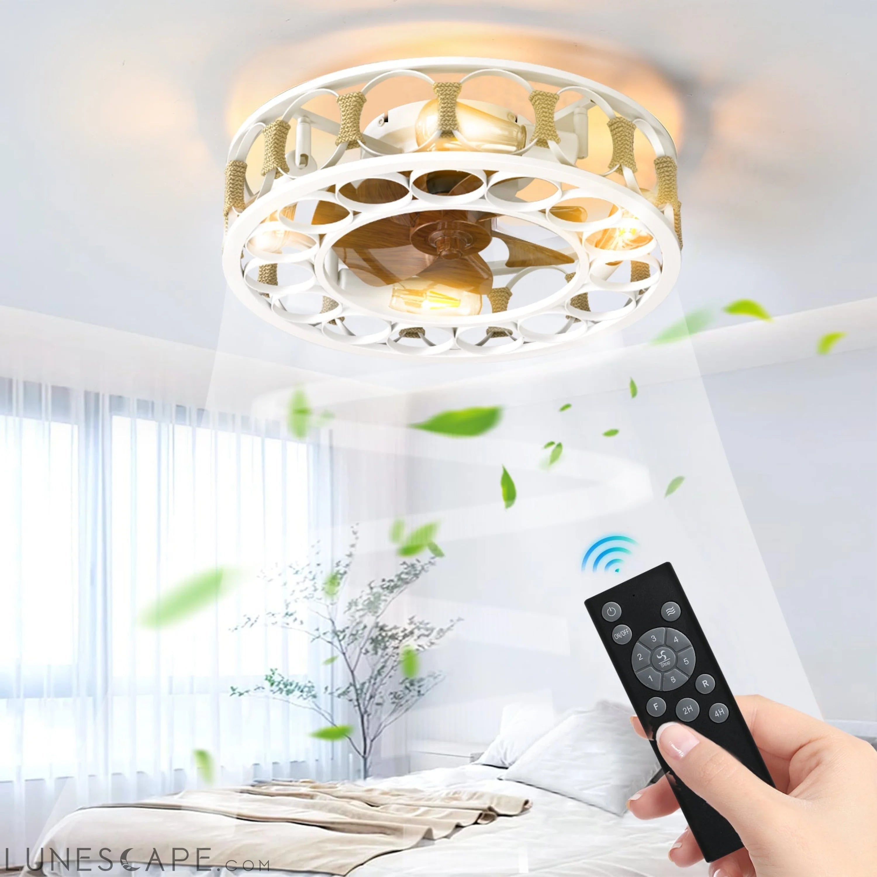 Caged Ceiling Fan with Lights Remote Control,Semi -embedded Modern LUNESCAPE