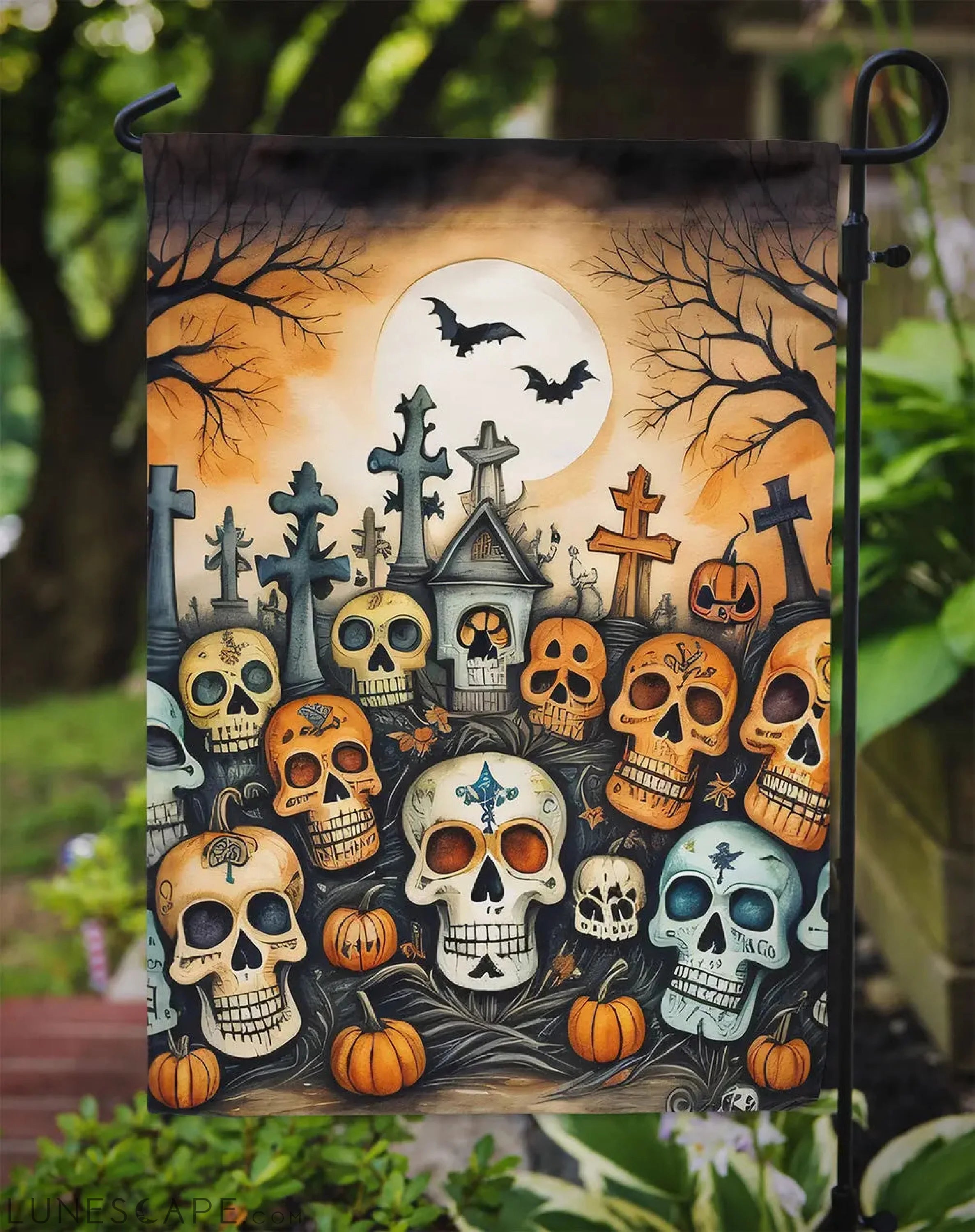 Calaveras Sugar Skulls Spooky Halloween Garden Flag LUNESCAPE