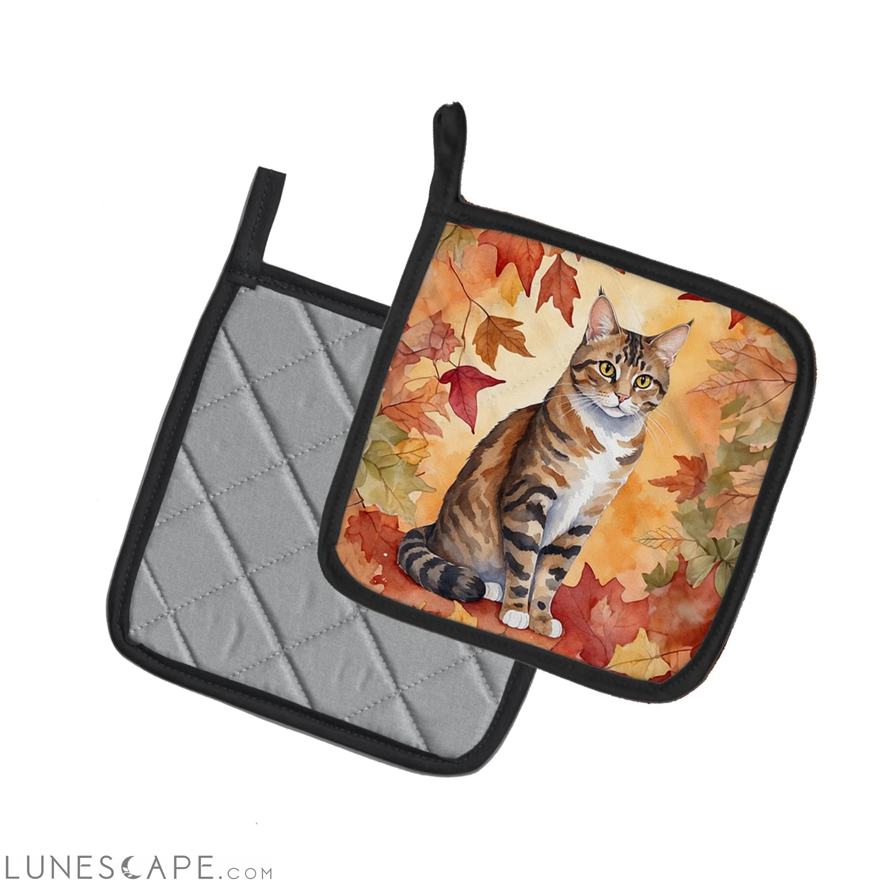 California Spangled Cat in Fall Leaves Pair of Pot Holders LUNESCAPE