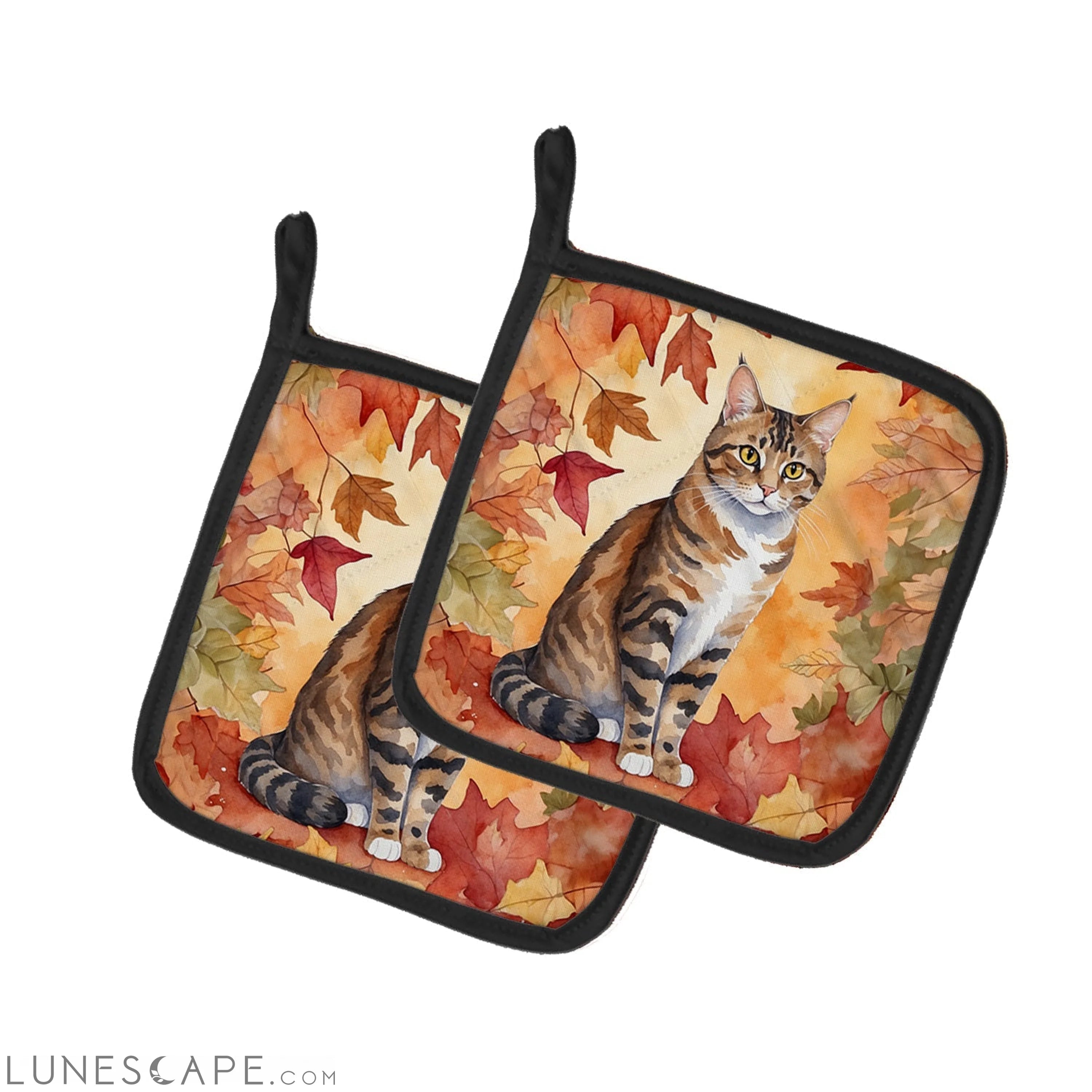 California Spangled Cat in Fall Leaves Pair of Pot Holders LUNESCAPE