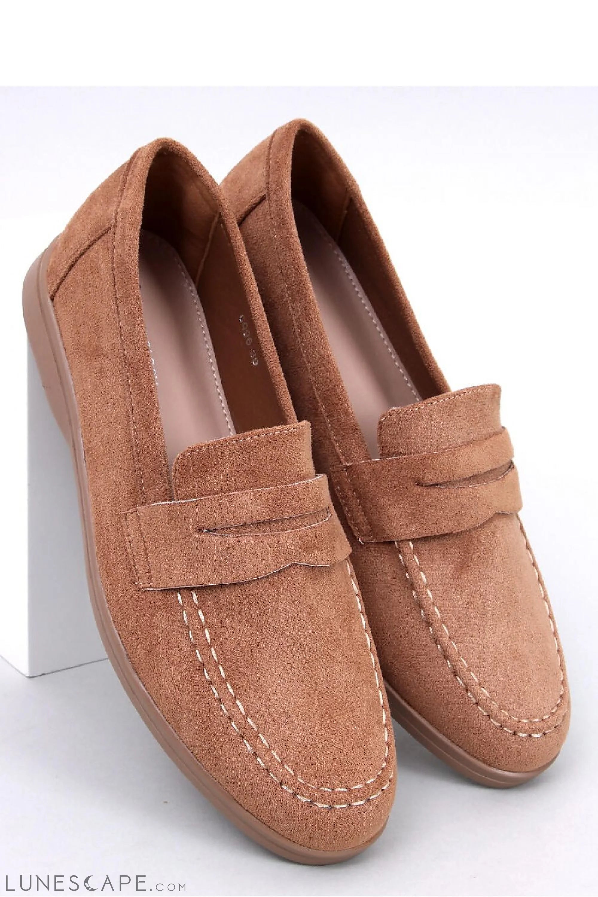 Camel Eco-Suede Women’s Loafers with Penny Strap Detail LUNESCAPE